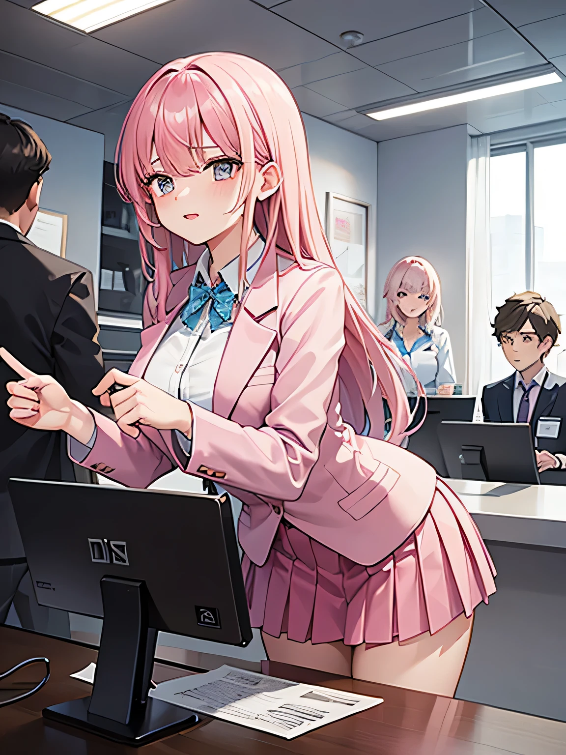 1,There's a woman behind the counter、There's a man in front of me.
2,the woman is the receptionist, She is wearing a pink blazer and a pink skirt., An unfriendly person who hates men.
3,The man is an employee of this company、I'm asking the receptionist to come with me.。.
4,The location is the company's large reception counter., The company logo is written in large letters on the back wall..