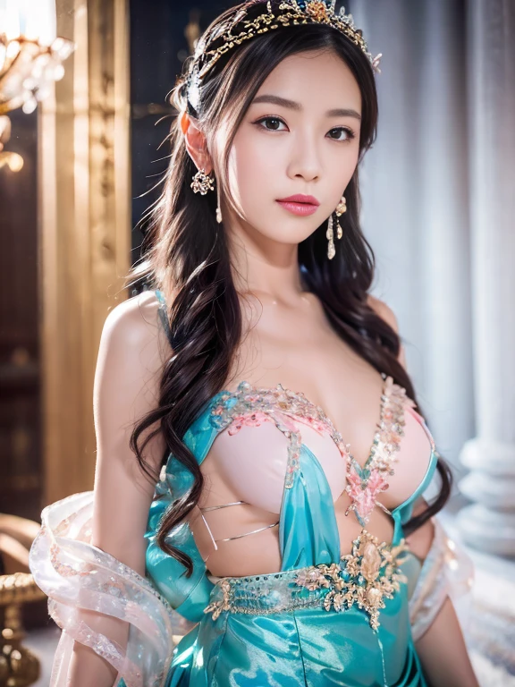 best qualtiy, tmasterpiece, 超高分辨率, (realisticlying:1.5), RAW photogr, 1girll, silber hair, long hair,hair adornment shoulders,Cold and glamorous,Raised sexy,Cyan and pink tulle dress, Detailed scenes, amazing pose, Eye-catching accessories, Picturesque