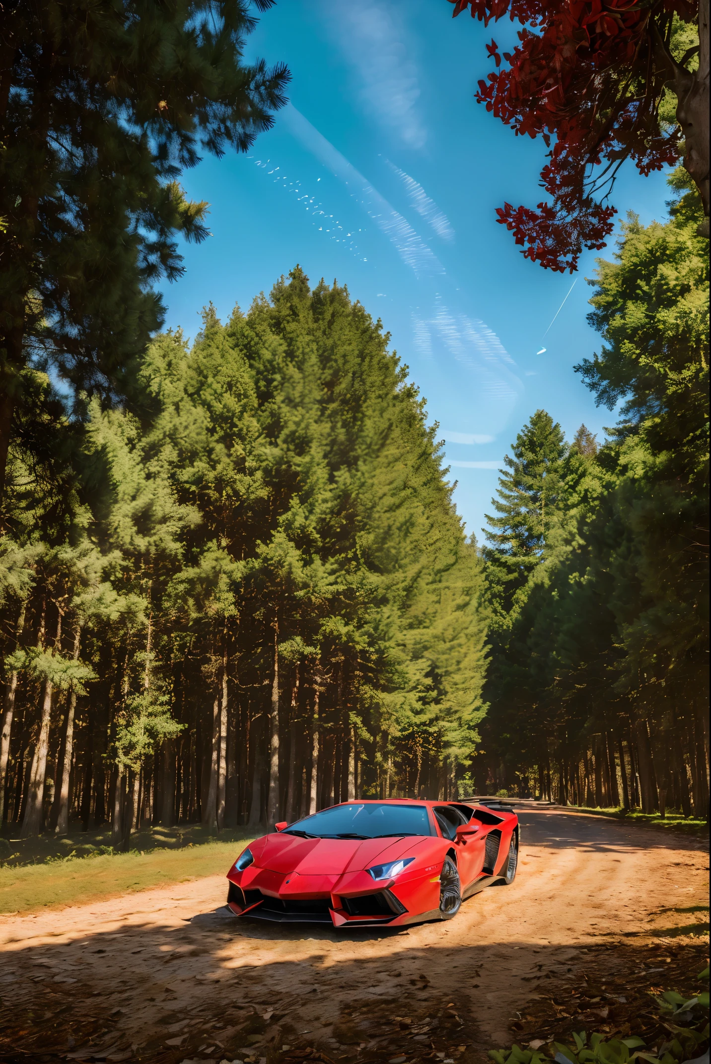 (ultra-quality:1.5) (ultra-detailliert:1.5) (A hyper-realistic:1.5) (Realistic texture:1.5)Photo of a bright red Lamborghini Aventador detail portrayal Realistic and three-dimensional ultra-quality The ultra -The high-definition Bright red sunset (Very beautiful scenery:1.3) Angle from the side Night comes Straight path through the forest