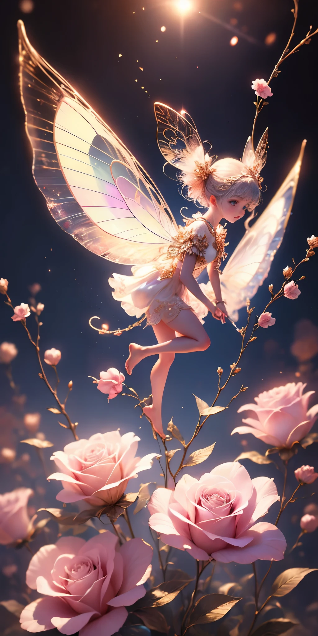 Beautiful transparent flower fairy baby, Transparent colorful wings, The wand fluttered in the wind、The wand flashed with starlight,Golden wand,Beautiful blue sky and white clouds、Girls have transparent wings、smile kindly、Beautiful garden background、Gentle and transparent,Anatomical correct, delicate patterns,Pink rose space, gentlesoftlighting, ( bokeh),tmasterpiece, 超詳細, Epic work, Best quality at best, 8K,Epic Romantic Fantasy Digital Art,Epic fairy tale fantasy digital art,Myth and fantasy,UHD resolution,Detailed detail drawing,realistically,Very realistic,电影灯光,an award winning photograph,plethora of colors,Hyper-realistic and realistic texture,dramatic lights