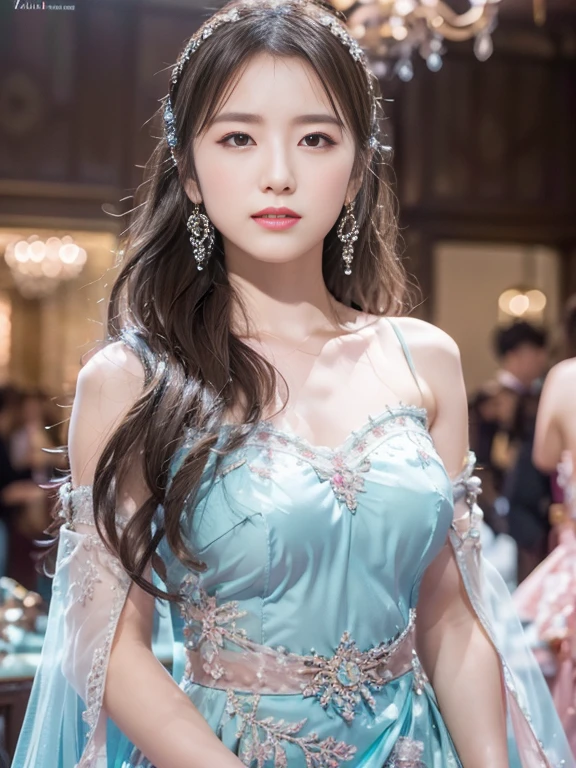 best qualtiy, tmasterpiece, 超高分辨率, (realisticlying:1.5), RAW photogr, 1girll, silber hair, long hair,hair adornment shoulders,Cold and glamorous,Raised sexy,Cyan and pink tulle dress, Detailed scenes, amazing pose, Eye-catching accessories, Picturesque