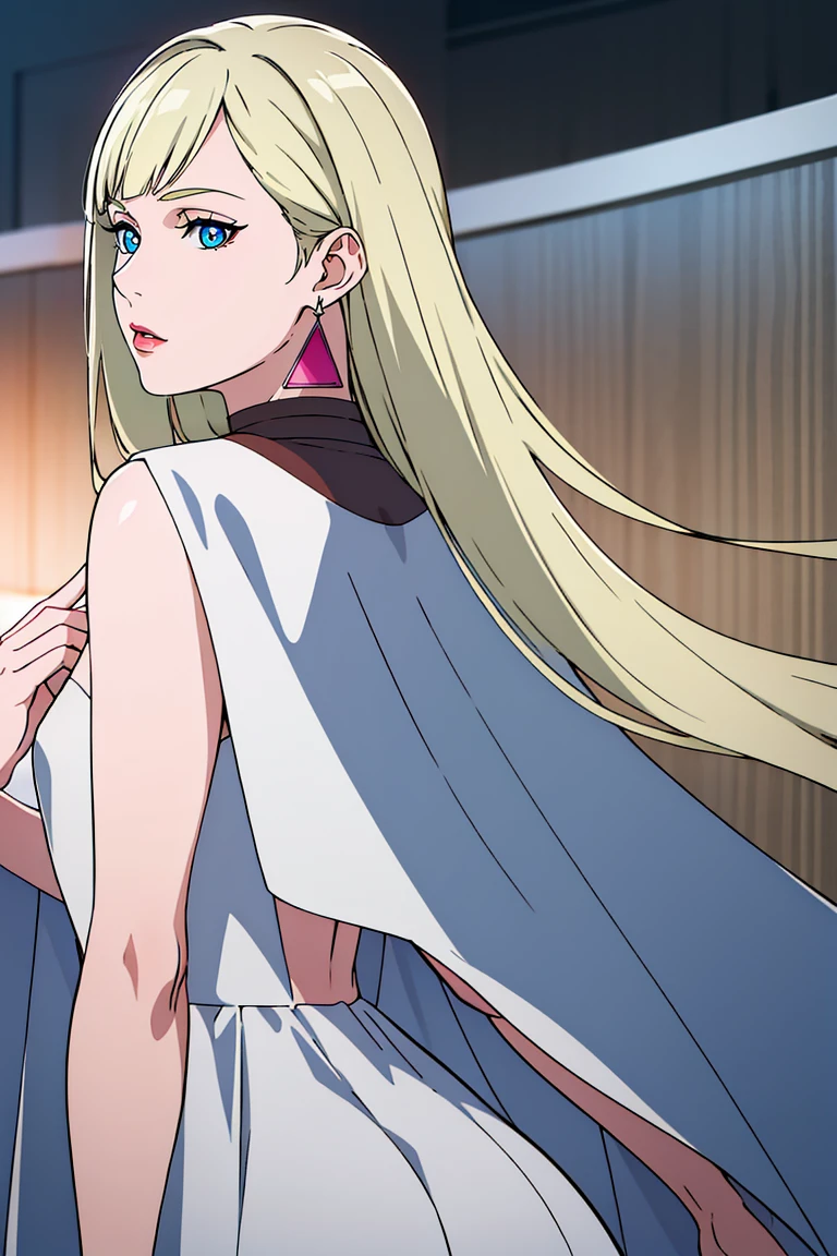 White Background,
translucent white dress,jacket on shoulders,cape,
eyelashes, eyeshadow, face, lips, makeup,earrings,
bangs, blonde hair, blue eyes, long hair, kneels, from behind
1 girl, 20yo,Young female,Beautiful Finger,Beautiful long legs,Beautiful body,
 (best_quality:1.0), ultra high res,4K,ultra-detailed,
photography, 8K, HDR, highres, absurdres:1.2, Kodak portra 400, film grain, blurry background, bokeh:1.2, lens flare, (vibrant_color:1.2),professional photograph,
, (beautiful_face:1.5),(narrow_waist),