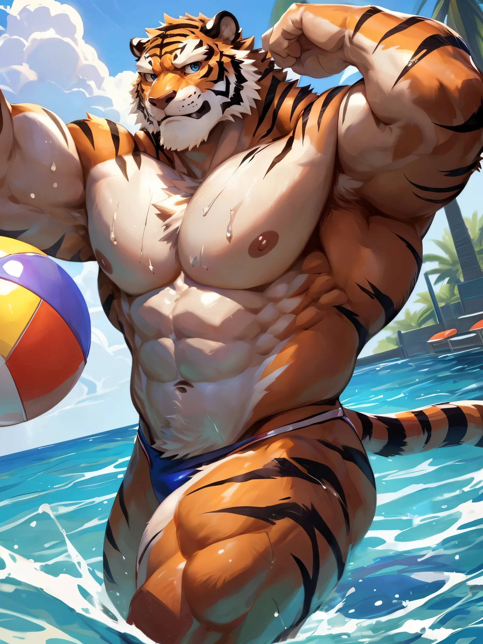 solo,masterpiece,high quality,half body shot,dutch angle,((detailed eyes)),furry male tiger,(((huge muscular))),huge body,anime,very sweating,nude,looking at viewer,swimwear,showing muscle,Playing with a beach ball,exaggerated pose,pool,by null-ghost,by pino daeni