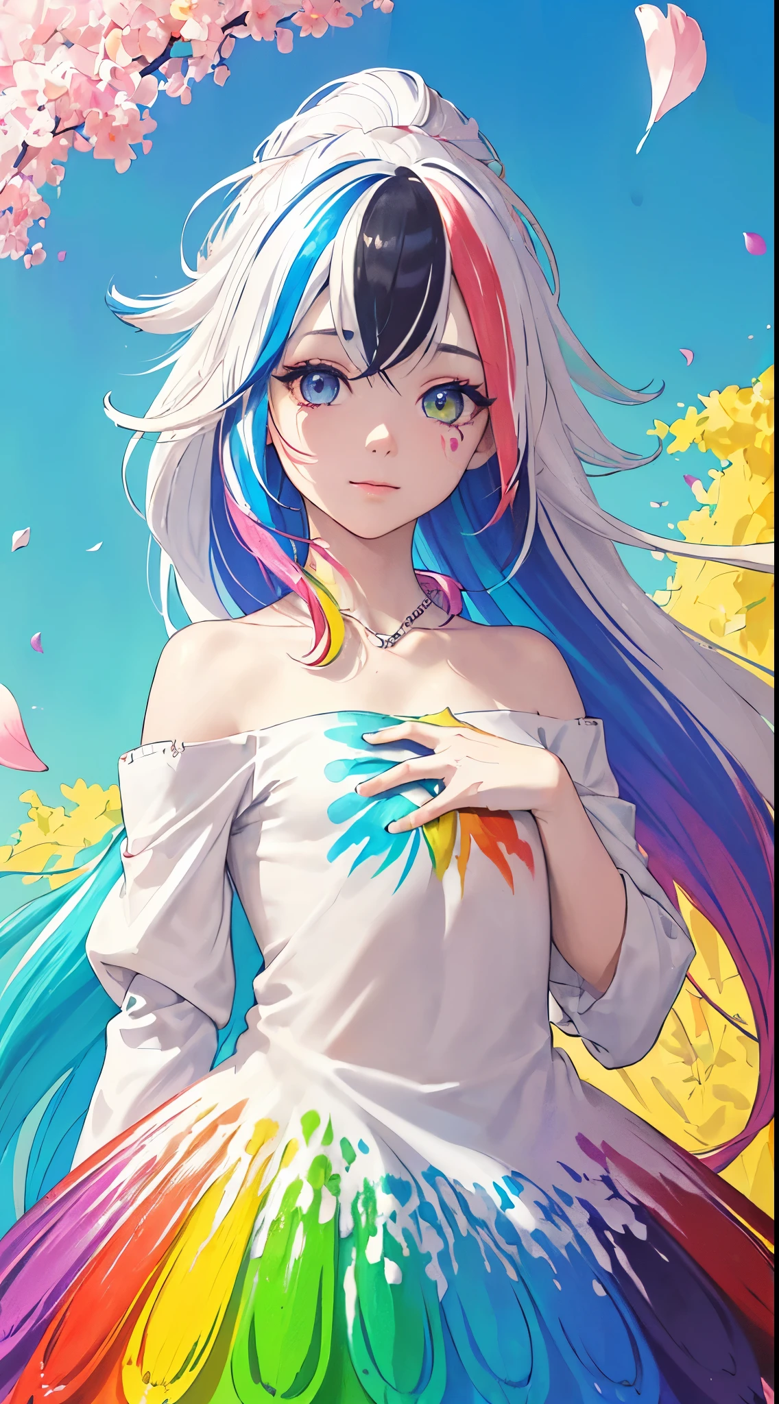 (Pink fashion t-shirt:1.9),(multicolored hair: 1.8), (all the colors of the rainbow: 1.8),(((((vertical dyeing:1.6))), (dyeing:1.6),Front, comics, illustrations, dyeings, big eyes, heterochromia, crystal clear eyes,( Радужный gradient цвета, high ponytail:1.7), Exquisite makeup, closed mouth,(Little Fresh: 1.5),(clothed chest: 1.6) ,Long eyelashes, white off-the-shoulder t-shirt, white shirt with shoulders,I look at the audience, big watery eyes, (rainbow colored hair:1.6), цветовой splash, (One:1.8), цветовой splash, color explosion, thick dye style, messy lines, ((brilliant)),(Colorful), (Colorful), (Colorful), Colorful, Thick dye Style, (splash) (Color splash), Vertical dyeing, upper body, dye splash, acrylic pigment, gradient, dye, Highest image quality, top quality, masterpiece, One, depth of field, Face dye, Colorful clothes, (elegant: 1.2), fabulous,long hair, wind, (elegant: 1.3), (petals: 1.4),(((masterpiece))),(((Best quality))),((ultra detailed)),(illustration),(dynamic angle),((Floating)),(dye),((wild hair)),(One),(1 boy) , (((detailed anima face))),((beautiful detailed face)),collar,bare shoulders,White hair, ((Colorful hair)),((highlighted hair)),beautiful detailed eyes,(gradient color eyes),(((Colorful eyes))),(((Colorful background))),(((high saturation))),(((surrounded by Colorful splashes))), (((flat male chest))), (((male)))