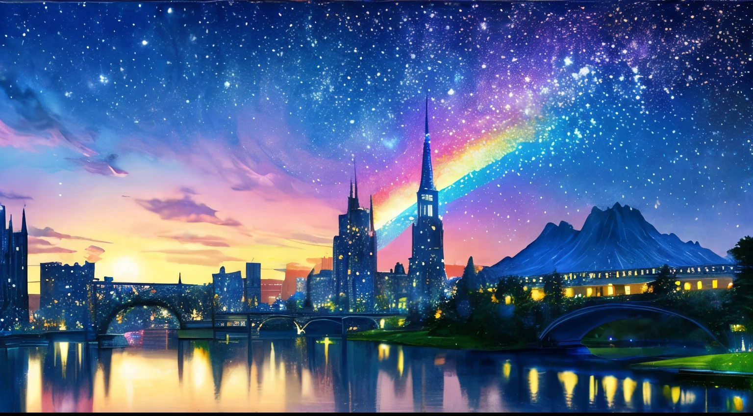 The colorful Metropolitan Museum of Art、Illustration of river with stars and moon in rainbow sky、The Met、shining skyscrapers、shines throughout、high-rise building、Concept art inspired by Tosa Mitsuoki、pixiv contest winner、Top Quality、fantasy art、beautiful anime scenes、Bright Moon、moonlight star environment、Dream Painting、animation background art、fantasy landscape art、Fantasy Knight、animation background background work、Fantastic art、atmospheric anime、Starry skiing、Details have been enhanced。