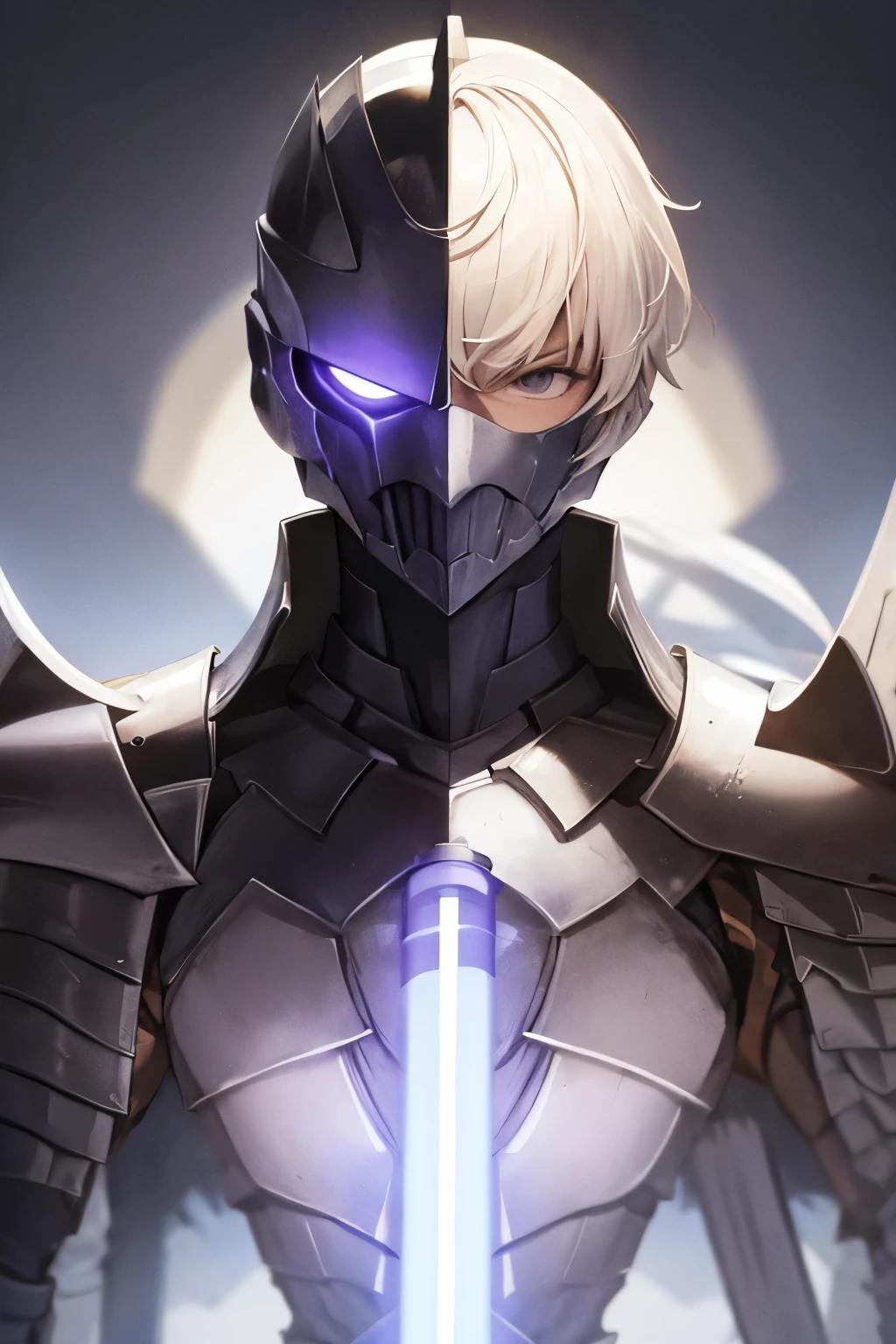 a portrait of a mysterious man, European, purple light saber, armor, white