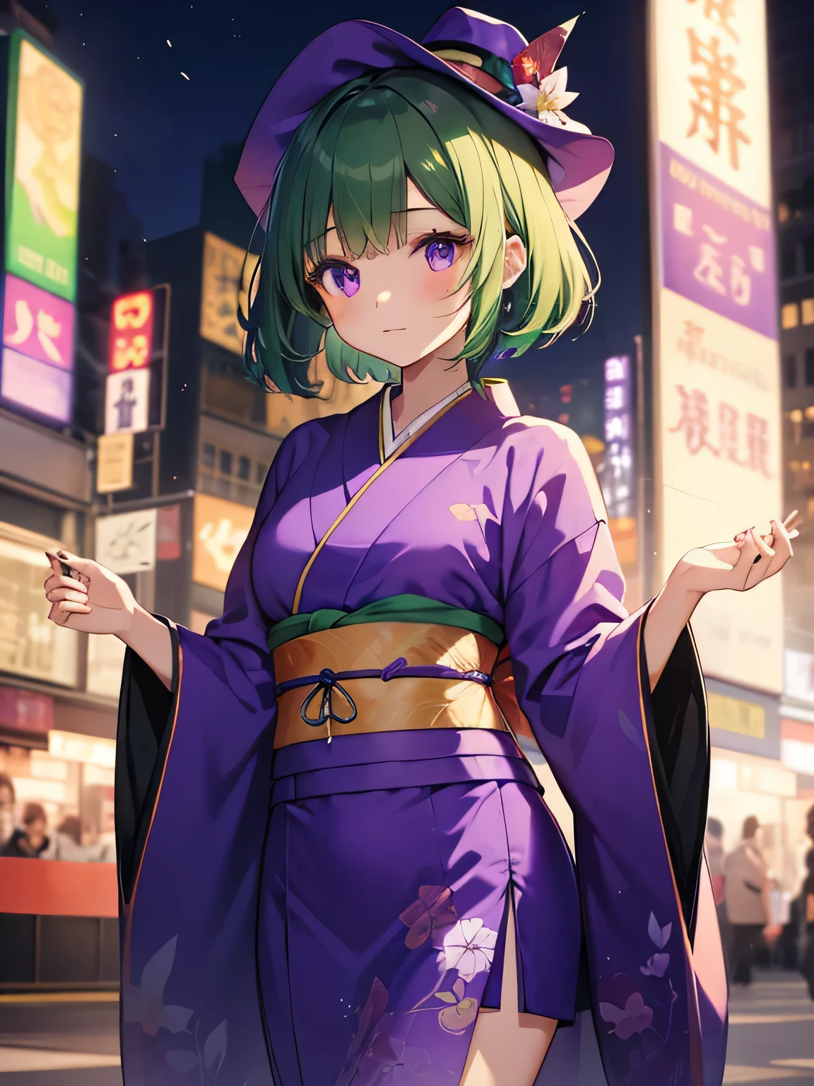 top-quality、extremely delicate and beautiful、(A teenage girl)、Purple Eye、Green hair、small tits、short-haired、(Purple pointy hat)、Soio、kimono outfit、Kimono、shortsleeves、Purple skirt、Purple Wizard Robe、Navel、is standing、new years eve
