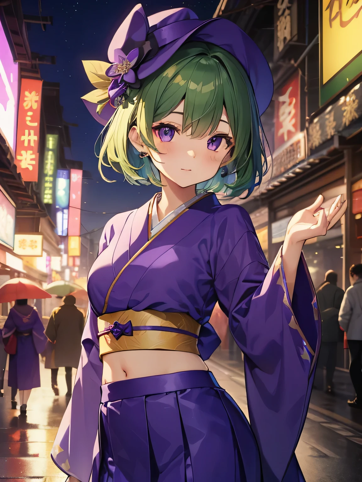 top-quality、extremely delicate and beautiful、(A teenage girl)、Purple Eye、Green hair、small tits、short-haired、(Purple pointy hat)、Soio、kimono outfit、Kimono、shortsleeves、Purple skirt、Purple Wizard Robe、Navel、is standing、new years eve