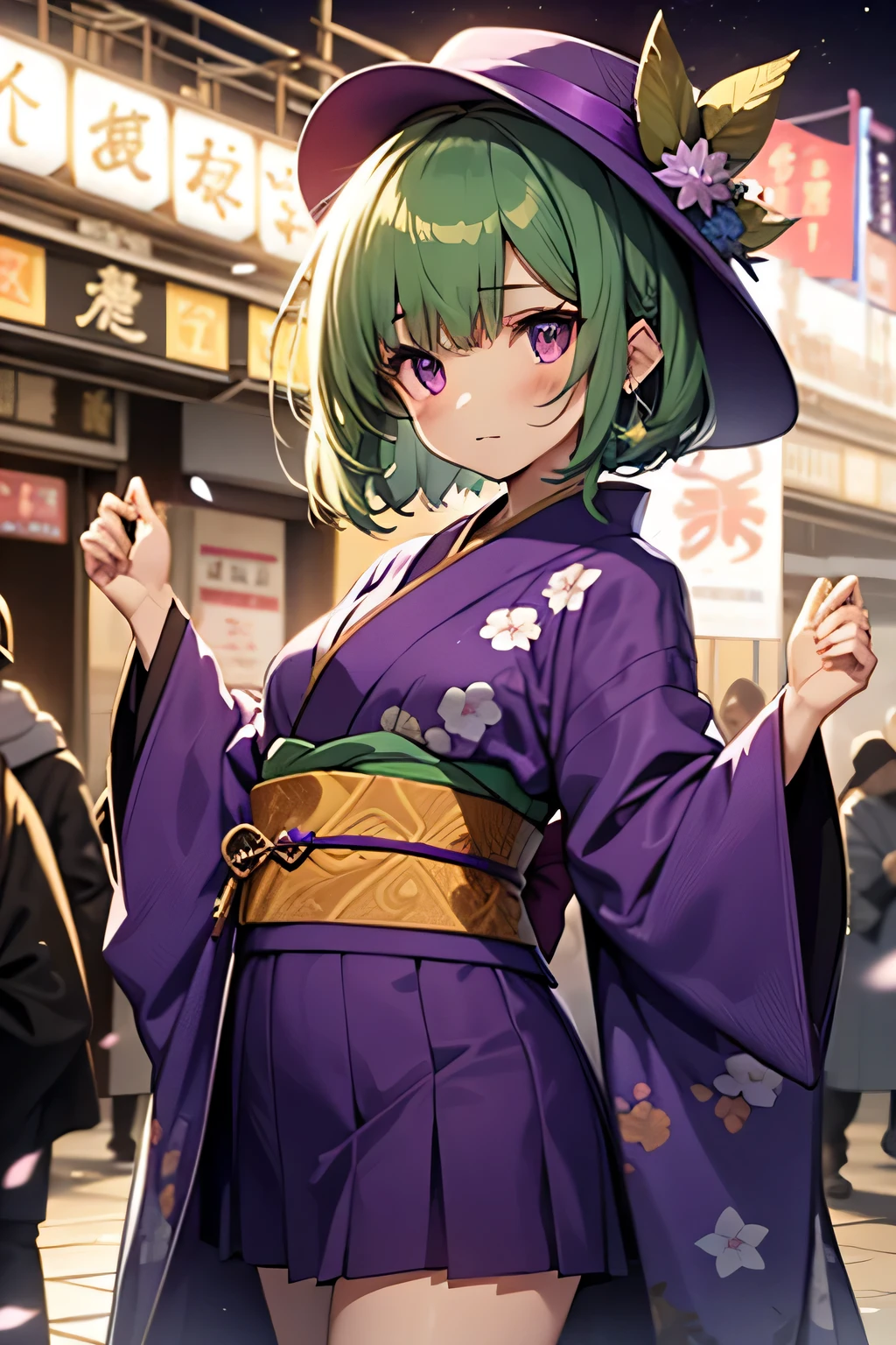 top-quality、extremely delicate and beautiful、(A teenage girl)、Purple Eye、Green hair、small tits、short-haired、(Purple pointy hat)、Soio、kimono outfit、Kimono、shortsleeves、Purple skirt、Purple Wizard Robe、Navel、is standing、new years eve