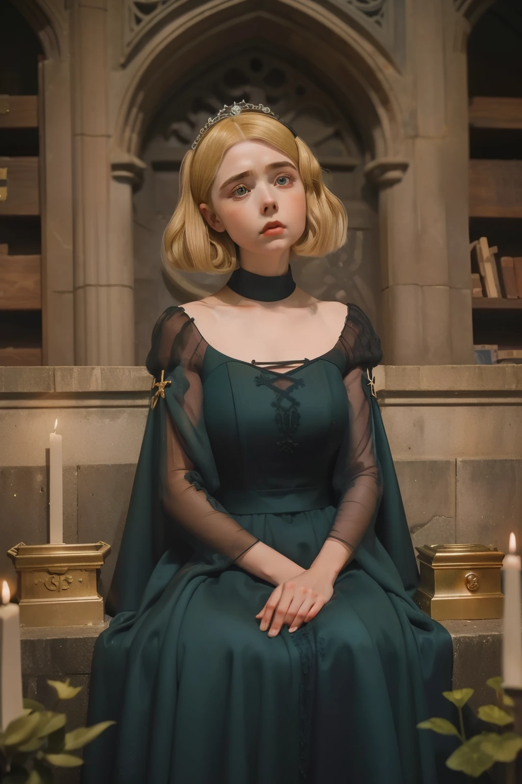 1154, Kingsbridge, England. Otherworldly scene in a medieval cementery, ((((24-year-old)) Mckenna Grace)), in a funeral, ((sad expression)), ((((gown from the 12th century)))), ((dark blonde Hairstyle of the 12th century)), ((Wes Anderson cinematic style)), colorful
