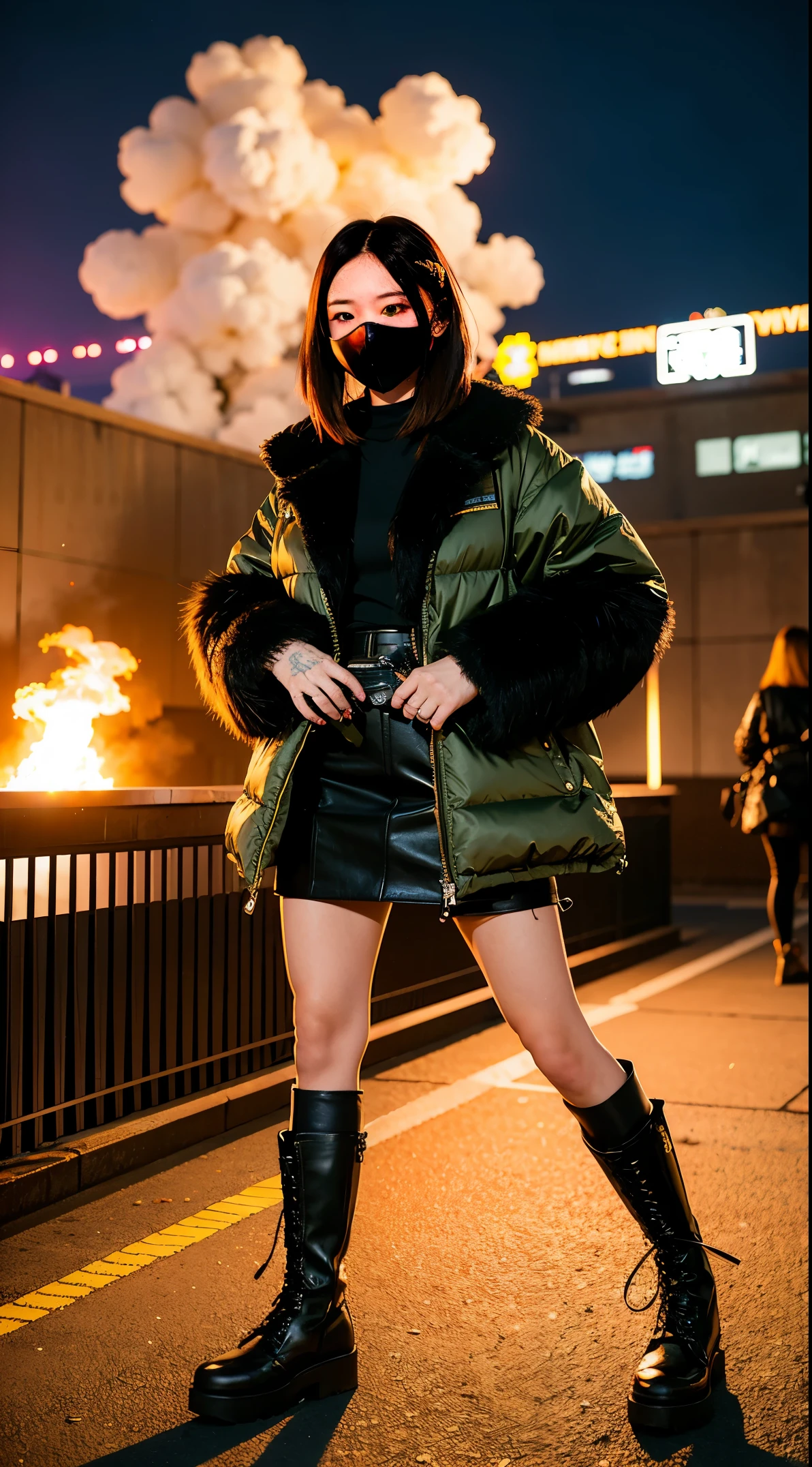 gals、Large gas mask、fur-coat、dictator、Big dragon tattoo、Tattoos all over the body、Glowing headgear、On the rooftop、Huge background is a neon sign、Leather gloves、long boots、Holding a Japan sword、Baseball armor、insurrection、Nuclear power plant in the background、Terrorist groupluorescence Headgear、short-haired、bleu hair、Ignite fire from a flamethrower、middle school girl、29years、gas masks、high socks、Rooftop at night、City on fire in the background