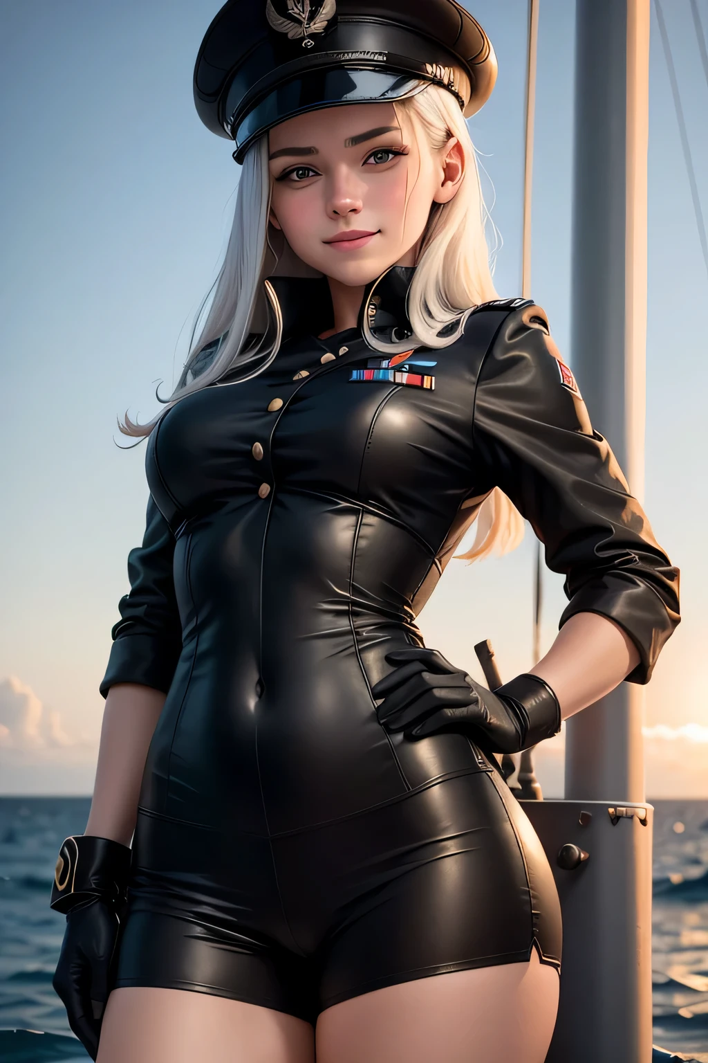 (a girl:1.1, commander, sailor, tight white shorts emphasizing the crotch area, tall silhouette,  curves), [illustration, vivid colorest quality, highres, realistic:1.37), [soft lighting, ocean background], (portrait-style:1.2) (8k,fotorrealista　fotografia RAW　qualidade superior;1.4) 　(1 mature female)　super beleza　(Rosto realista) branco posando no navio de guerra,　wearing a nazi black leather uniform, military hat, sadistic smile,　Oficial da Marinha　beautiful expression　real-looking-skin　超A high resolution　Precision details　Warship deck　Sunset