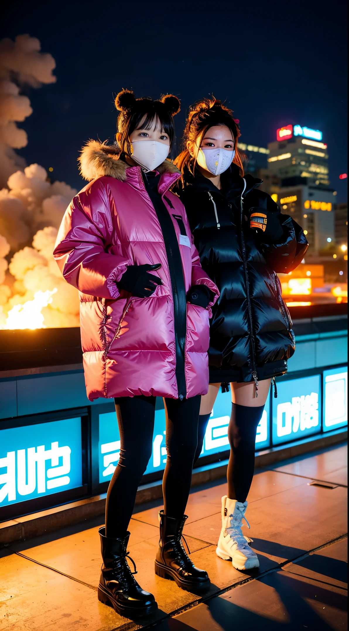gals、Large gas mask、fur-coat、dictator、Big dragon tattoo、Tattoos all over the body、Glowing headgear、On the rooftop、Huge background is a neon sign、Leather gloves、long boots、Holding a Japan sword、Baseball armor、insurrection、Nuclear power plant in the background、Terrorist groupluorescence Headgear、short-haired、bleu hair、Ignite fire from a flamethrower、middle school girl、29years、gas masks、high socks、Rooftop at night、City on fire in the background