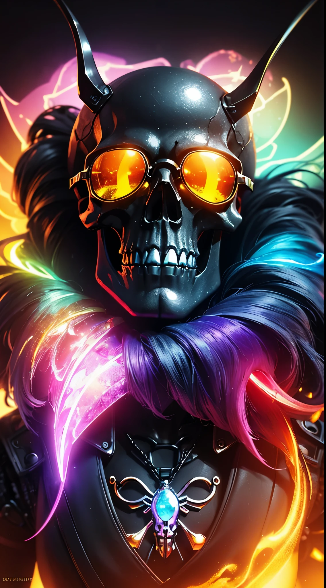 pixel sorted，Superhero skull，gory art，steampunc，Glowing butterfly，with black background，((luminous sunglasses))，Close-up of skull in polished metal,rainbow around skull，Form different structural atmosphere renderings, Magical rainbow elements,Brilliant rainbow combination，block architecture diagram，独奏， (actual, photoactual, photo-actual:1.37), HighDynamicRange, hyper HD, Studio lighting, Ultra-fine painting, Focus sharp, physically-based renderingt, Extremely detailed description, professional, vibrant with colors, Bokeh art style：steampunc, number art, color of future：with black background contrasting with the vibrant rainbow tones surrounding the skull：Ethereal, Soft lights illuminate the garden, Create a magical atmosphere