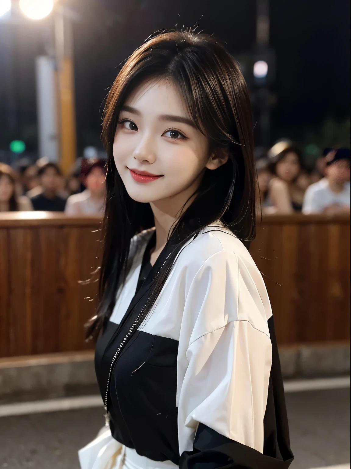 masterpiece、quality)、1 beutiful girl、slim、((Black and white casual clothes:1.1))、(Delicate and beautiful eyes)、Walk together on the road at night、face shape and《Le Selefim》Chaewon in similar、((boyish sense的棕色中长发))、((The face is smaller))、((neutral face))、((light brown eyes))、((Korean girls))、((18 years old))、((Cool lady))、((A shy smile on his face))、((Korean makeup))、((eyes long and sharp))、((Happy dating))、((boyish sense))、((She walked in front of the audience))、((Ao olhar para cima))、((from the side angle shot))