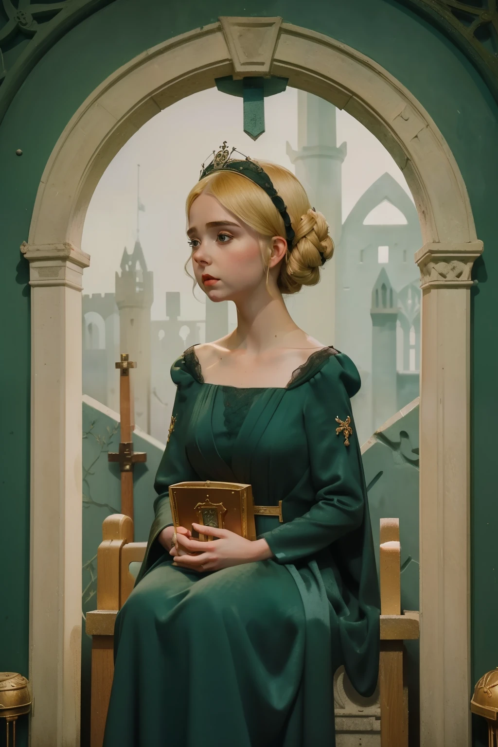 1154, Kingsbridge, England. Otherworldly scene in a medieval cementery, ((((24-year-old)) Mckenna Grace)), in a funeral, ((sad expression)), ((((gown from the 12th century)))), ((dark blonde Hairstyle of the 12th century)), ((Wes Anderson cinematic style)), colorful