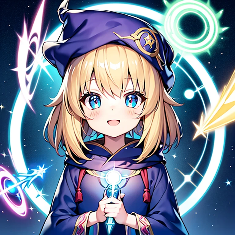 Wizard robes　Wizard Hat　Long magic wand　teens girl　Longhaire　kawaii faces　magic circles