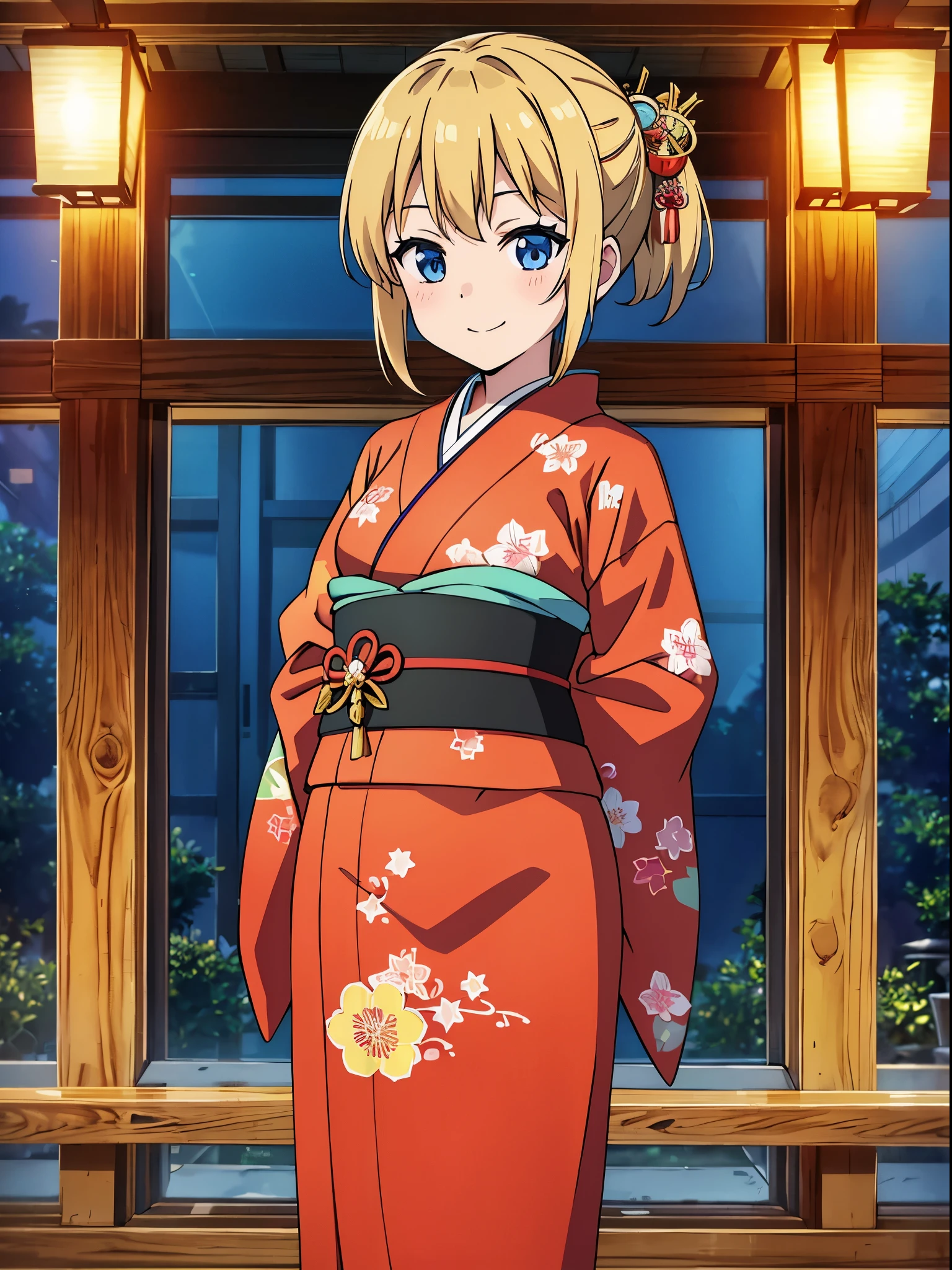 Japanese New Year, cute girl wearing kimono, arms behind back, smile