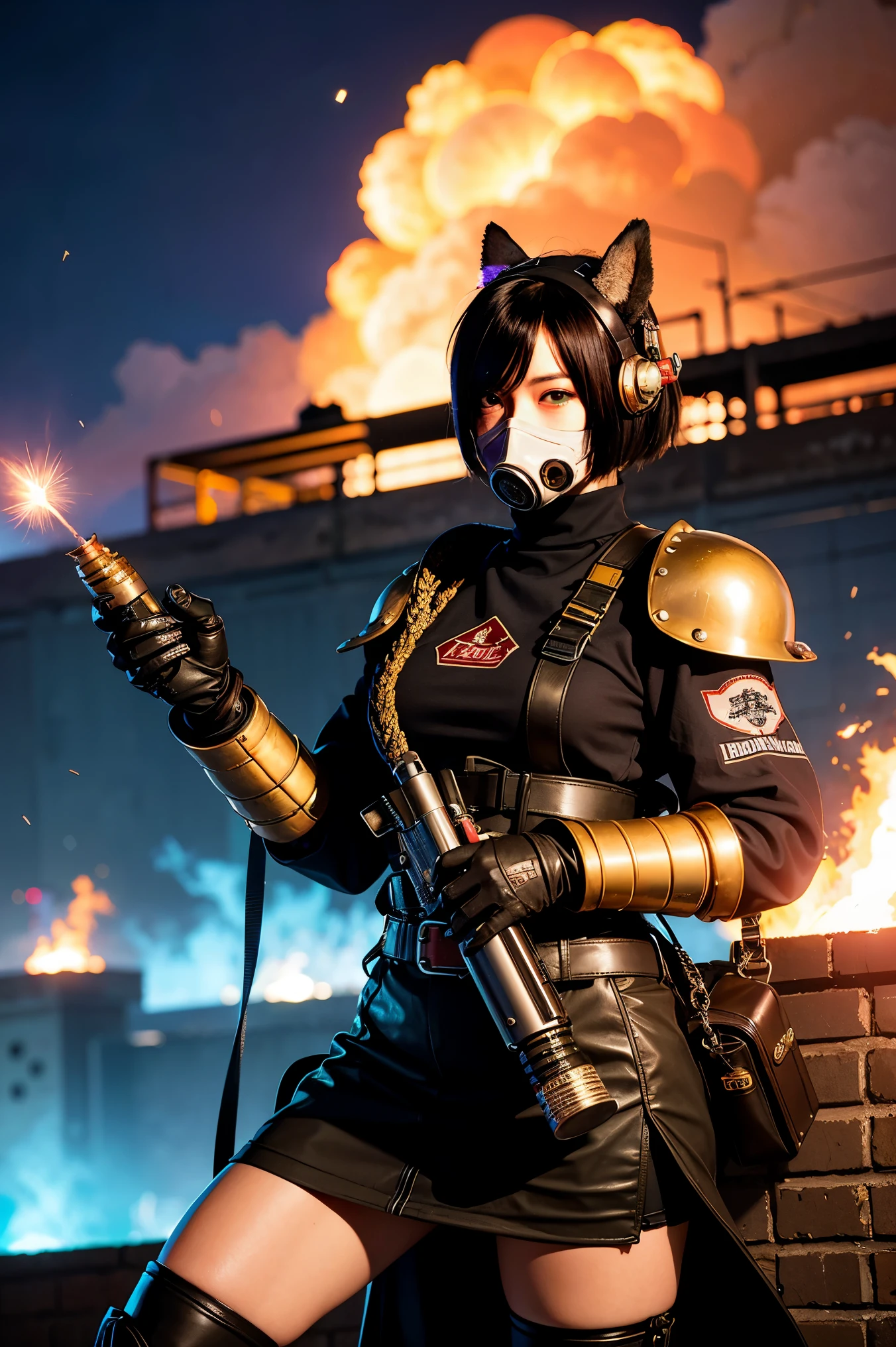 gals、Large gas mask、fur-coat、dictator、Big dragon tattoo、Tattoos all over the body、Glowing headgear、On the rooftop、Huge background is a neon sign、Leather gloves、long boots、Holding a Japan sword、Baseball armor、insurrection、Nuclear power plant in the background、Terrorist groupluorescence Headgear、short-haired、bleu hair、Ignite fire from a flamethrower、middle school girl、14years、gas masks、high socks、Rooftop at night、City on fire in the background