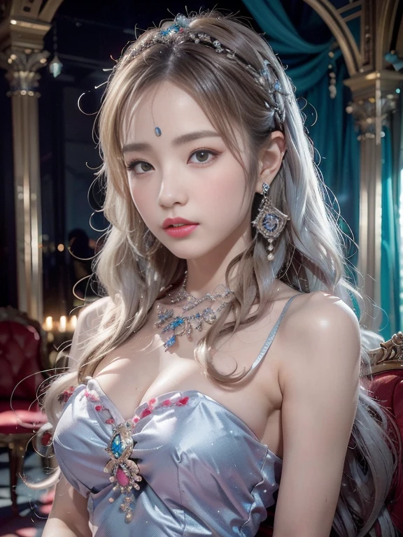 best qualtiy， tmasterpiece， 超高分辨率， （realisticlying：1.5）， RAW photogr， 1girl, silver hair, long hair，hair adornment shoulders，Cold and glamorous，Raised sexy，Cyan and pink tulle dress, Detailed scenes, amazing pose, Eye-catching accessories, Picturesque