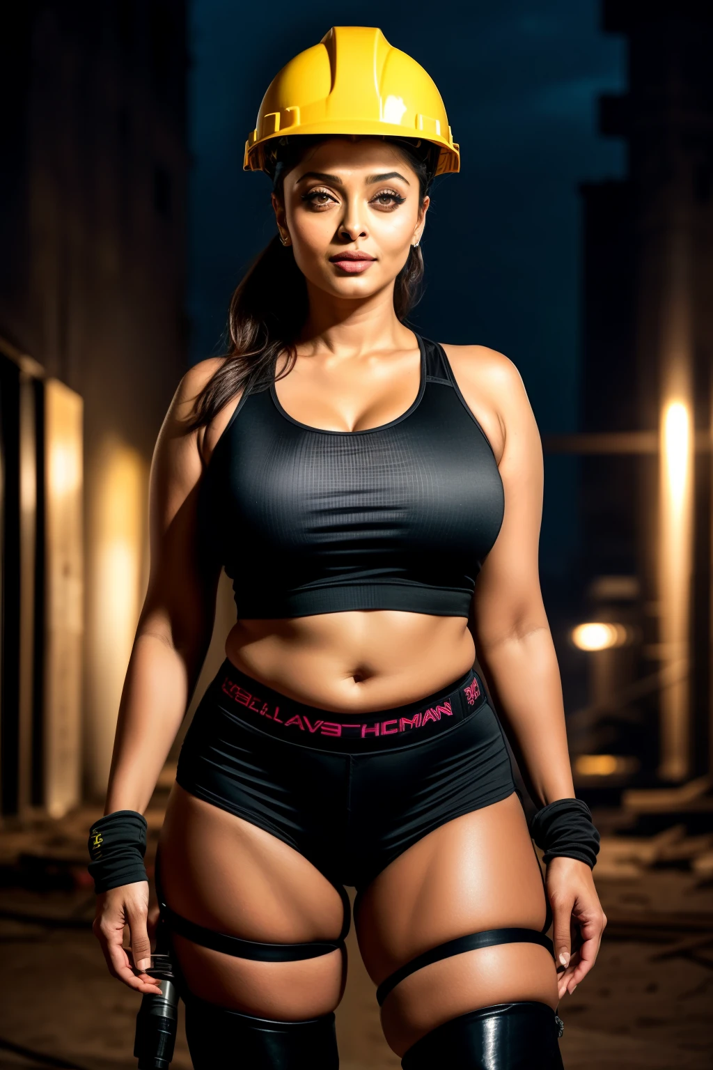 Aishwarya rai as construction lady, black shorts, high boots, tank top, squeezing breasts, posing in construction site, night scene, yellow helmet, navel out, breasts visible show, 90% breasts popping out, hourglass figure, massive breasts, nipple slip, fit, seductive face, look at camera and laugh, wet ponytail hair, erotic face, 50 yo, soft volumetric lights, intricate details, (ArtStation:1.2)