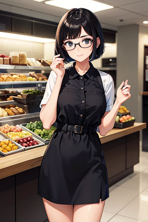 Female in her 40s, bespectacled, Beautiful fece, Feeling bright, bob cuts, Dress calmly, dark colored clothes, I&#39;m in the cafeteria, The glasses are black