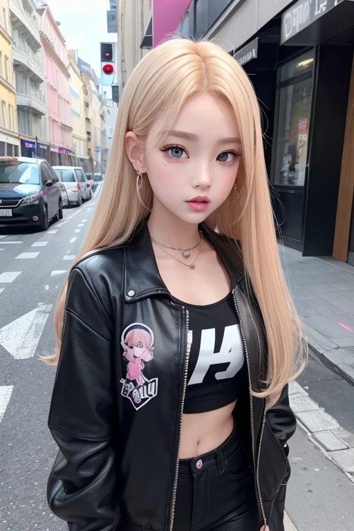 une jolie idol girl avec de longs cheveux blond clair en 2D et une frange droite, membre de Blackpink regardant la caméra (style "jeu Zepeto") 2d dans la rue
