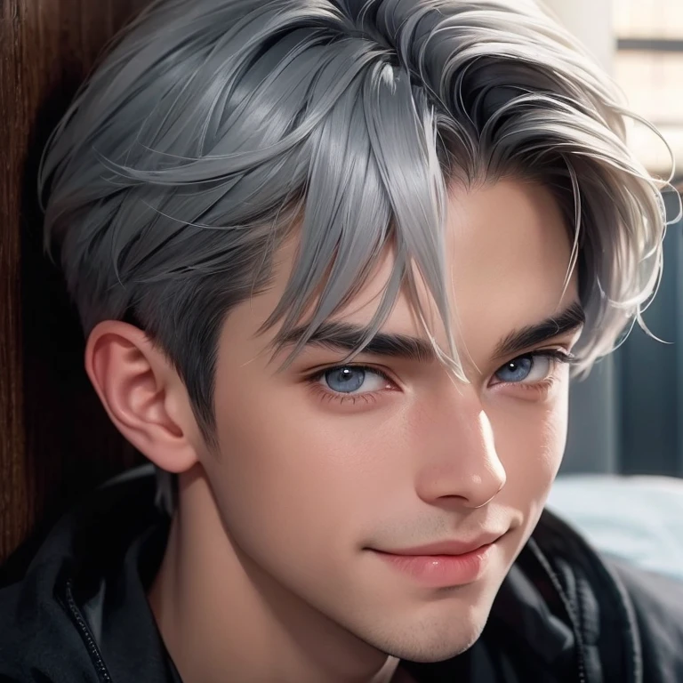 Boy with grayish hair peeking surreptitiously into the camera smiling, ojos color celeste algo oscuro