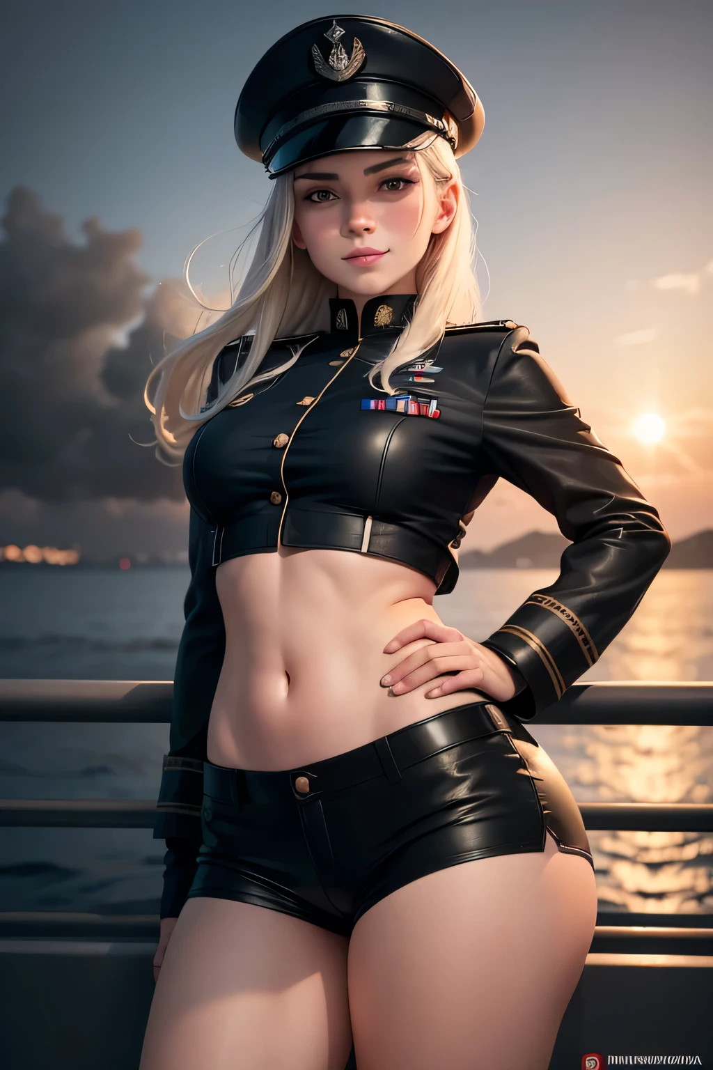 Ukrainian girl bathing at a waterfall , Background is the deck of an aircraft carrier and a fighter,Ukrainian anime girls , , Ukraine , Full body composition of young girl with messy bright blonde hair, eye make up, 13 year old, Soft lighting, Solo, Old torn dirty shabby futuristic military uniform, badges, Pose,Don't look at the camera, Blotch color, Octane Render, Hyperrealistic intricate detail, Cinematic, 8K resolution, 70mm, Accent Lighting, Global Illumination, Full body portrait, clean detailed faces, intricate clothing, Cute face, flat chest, Slim waist, Slim legs, small hips,Wear a futuristic swimsuit,