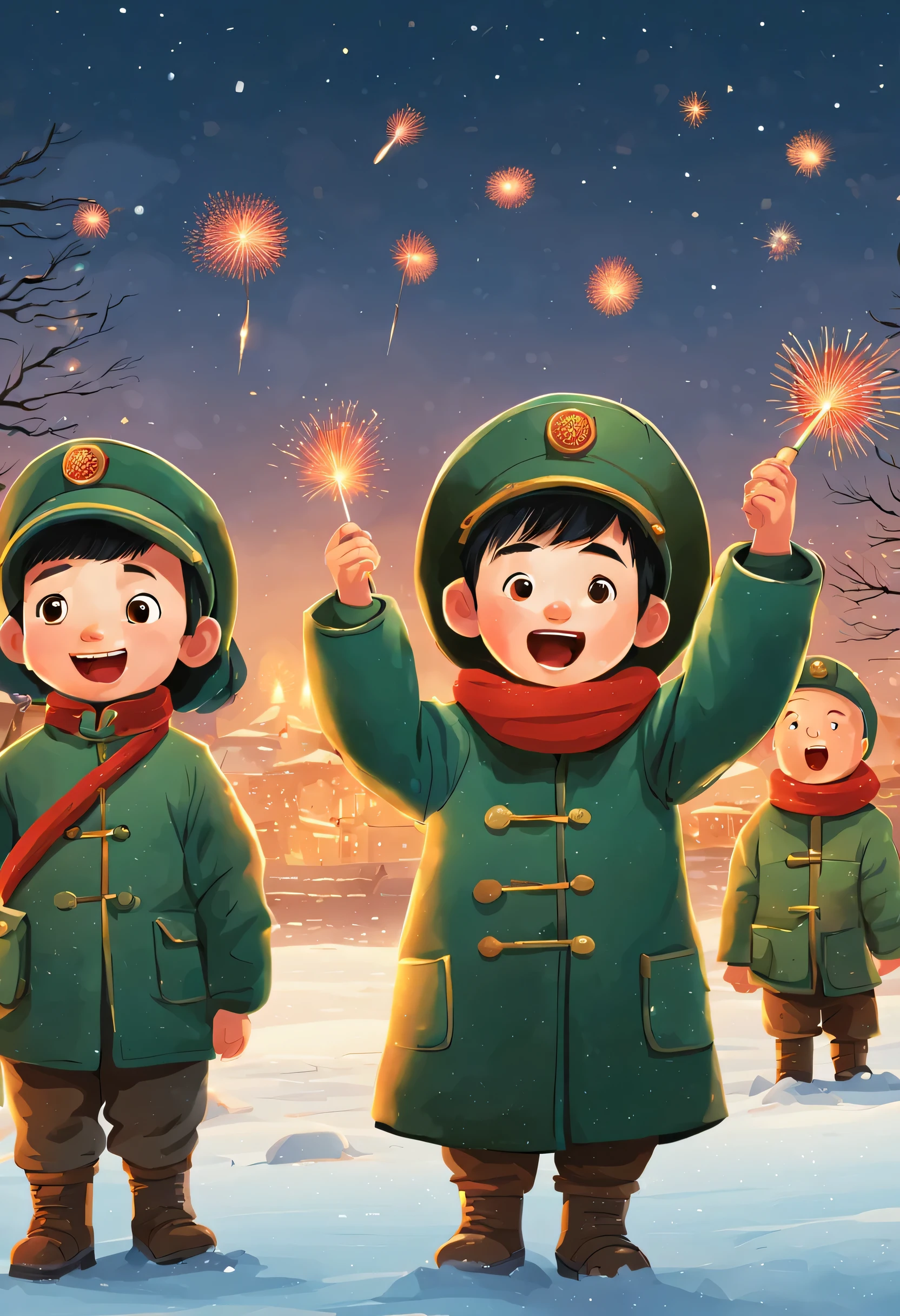Happy children setting off Chinese firecrackers,Wearing a Chinese green military coat,Crackling,Snow scene in the countryside at night,,illustratio,Made by Pixar,