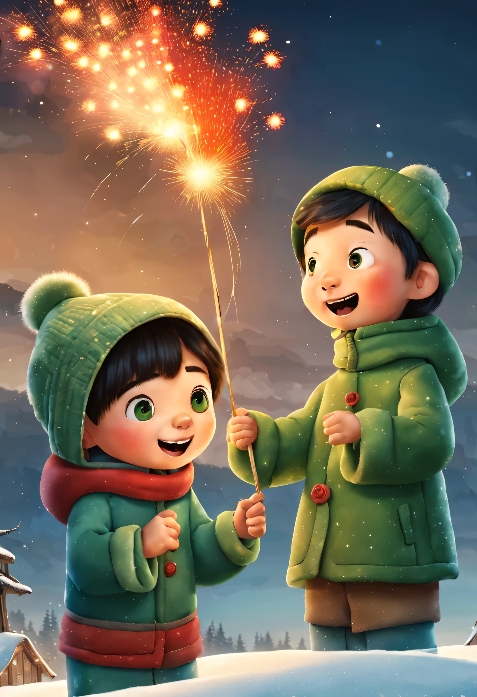 Happy children setting off Chinese firecrackers，Wearing a Chinese green cotton coat，Crackling，Snow scene in the countryside at night，Cartoons，Made by Pixar，