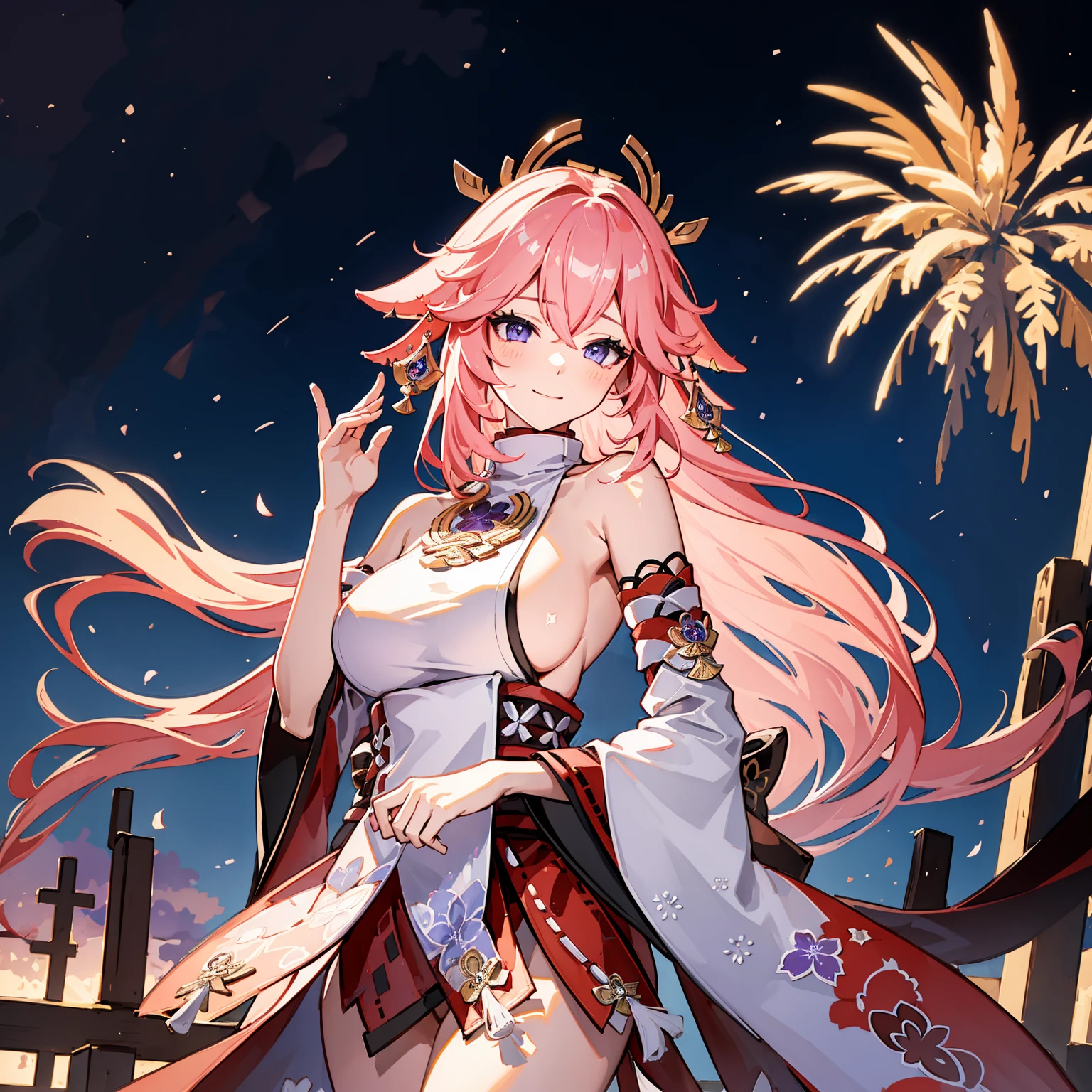 wide wide shot,Expansive night sky,celebration of the new year,Winter snowflakes fluttering,landscape,painting,illustration,portrait,yae miko, pink hair, sleeves separated, strapless, (sideboob:1.45),((grand fireworks display in the night sky)),mesmerizing colors fireworks,twinkling stars,romantic ambiance,amazing architectural design,overwhelming sense of excitement,festive atmosphere,magical moment,inspiring and artistic composition. best quality,4k,8k,highres,masterpiece:1.2,ultra-detailed,realistic:1.37,