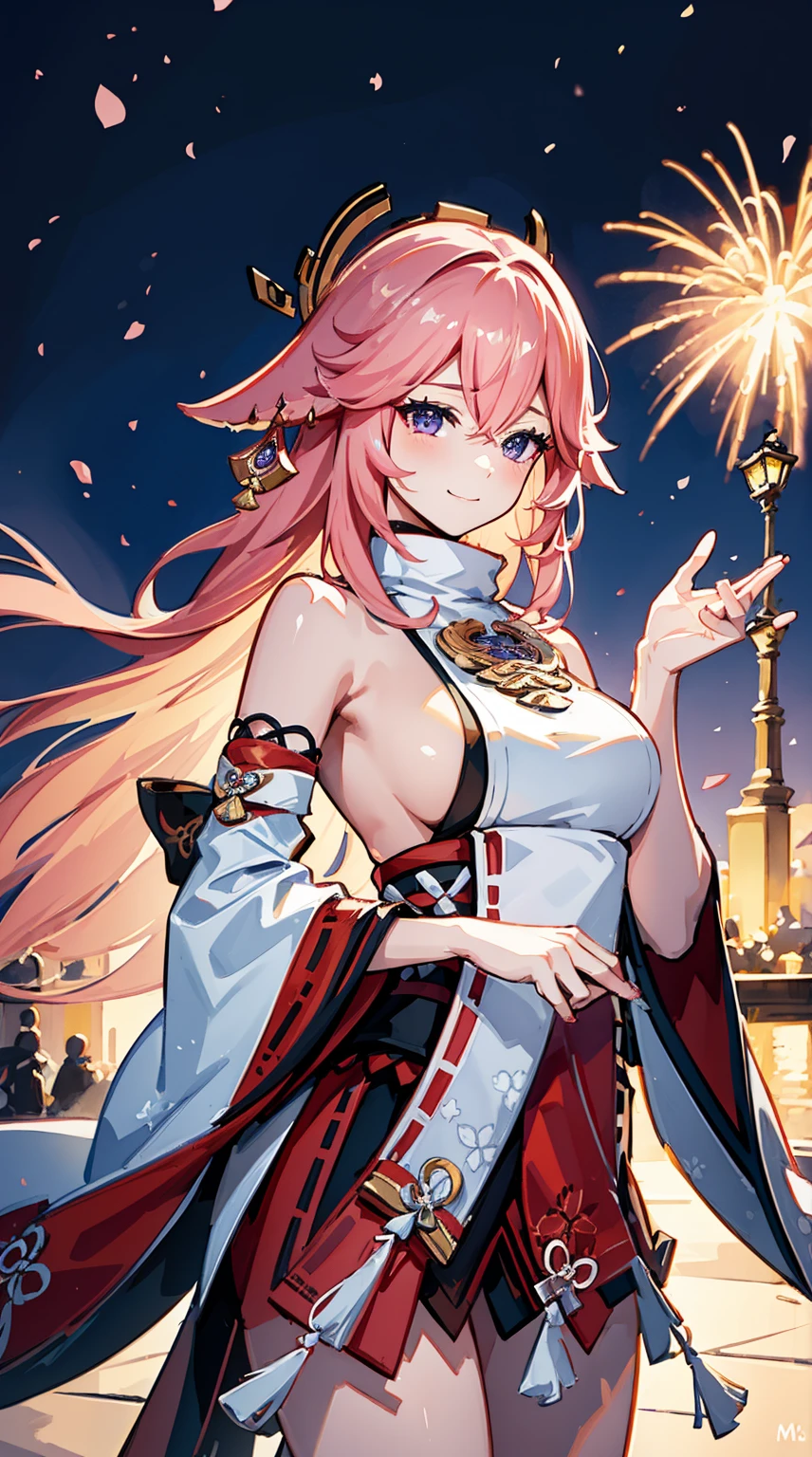 wide wide shot,Expansive night sky,celebration of the new year,Winter snowflakes fluttering,landscape,painting,illustration,portrait,yae miko, pink hair, sleeves separated, strapless, (sideboob:1.45),((grand fireworks display in the night sky)),mesmerizing colors fireworks,twinkling stars,romantic ambiance,amazing architectural design,overwhelming sense of excitement,festive atmosphere,magical moment,inspiring and artistic composition. best quality,4k,8k,highres,masterpiece:1.2,ultra-detailed,realistic:1.37,