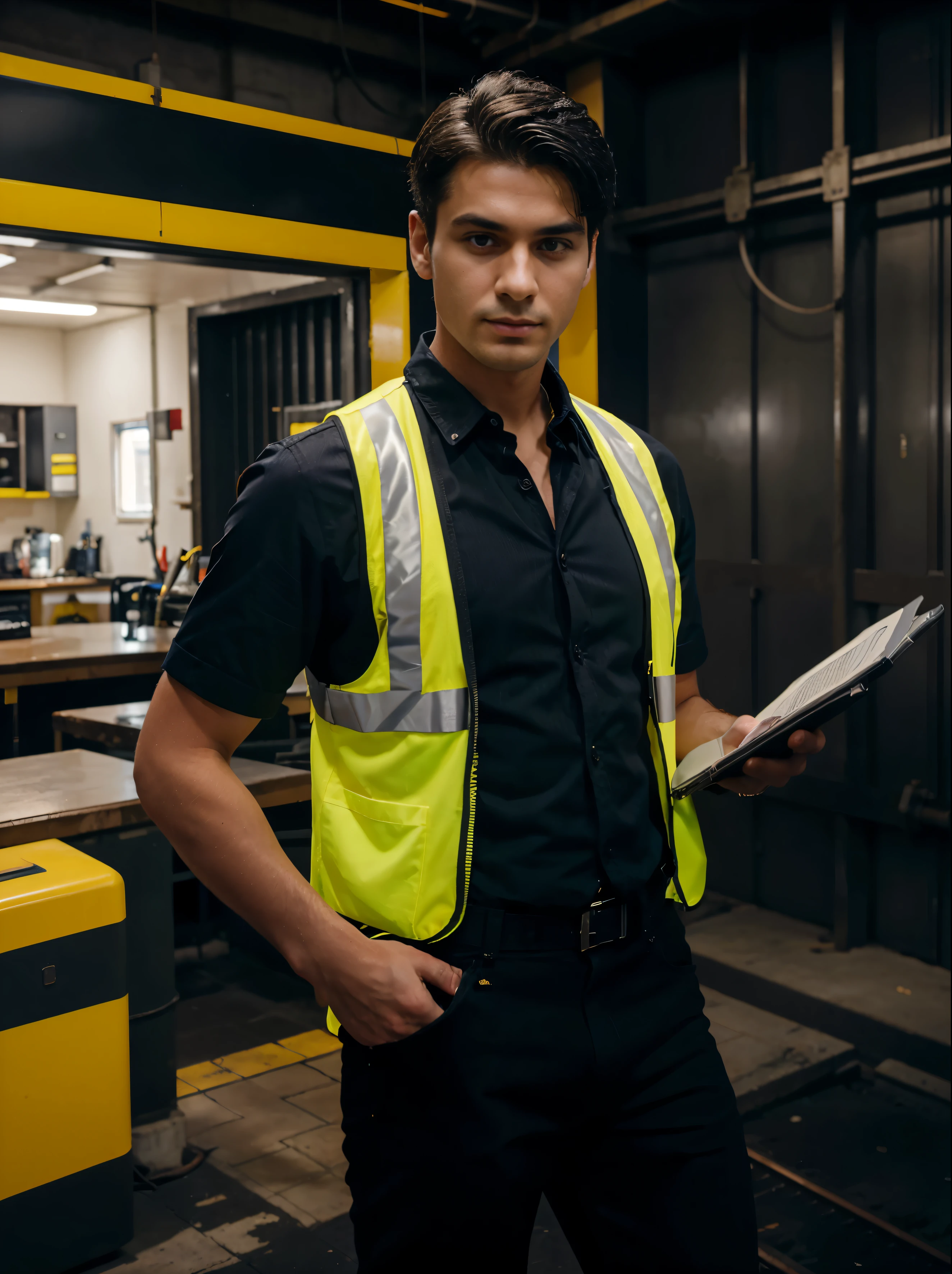 Blonde man Imagine a young 25 years old safety officer standing in an electric station. He has a small black beard and black hair. He is wearing a fluorescent yellow safety vest over a dark blue inflammable shirt and black jeans. The vest has reflective strips to increase visibility. The safety officer is holding a clipboard, while the other hand is extended, gesturing in a confident manner. He has a serious expression on his face, showing his dedication to ensuring safety in the electric station. The surroundings could include electrical equipment, such as transformers or circuit breakers, indicating the nature of his work environment.