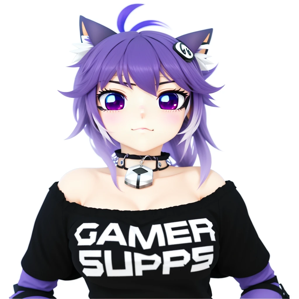 Giant neko with Pastel purple hair wearing a shirt with print GAMERSUPPS and purple and black sleeves, skull hairclip and spiked choker with silver bell, anime styled 3d, anime catgirl, anime style. 8k, anime styled, anime girl with cat ears, anime vtuber full body model, anime stylized, twitch streamer, vrchat, cute anime catgirl, catgirl, pink blush, goreous, standing gigantic in the middle of the city, daytime