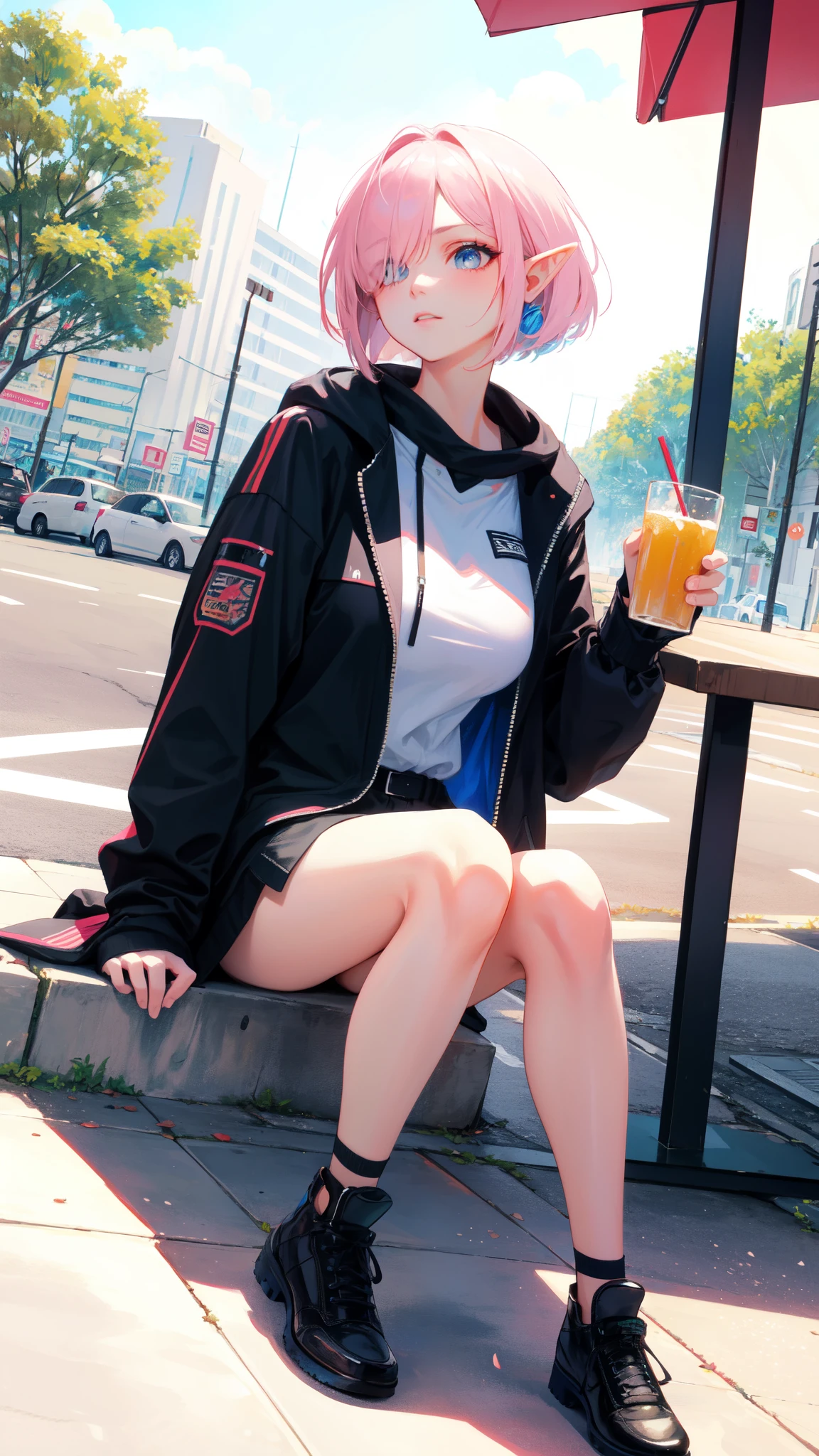 ((masterpiece, best quality)), official art, unity 8k wallpaper, ultra detailed, an elf woman, she's sitting at a restaurant table at the sidewalk, eating lunch, BREAK, highly detailed of (elf), (1girl), perfect face, details eye, Bob cut hair, Blunt bangs, (hair over one eye), light pink hair, blue eyes, eyelashes, eyeshadow, pink eyeshadow, Big breast, nice body, concept art by Artgerm, by Kawacy, By Yoshitaka Amano, BREAK,  techwear streetwear look and clothes, we can see them from feet to head, highly detailed and intricate, techwear fashion, Errolson Hugh, Sacai, Nike ACG, Yohji Yamamoto, Y3, ACRNYM, BREAK,  plate, soda glass, she's looking away, scenery, urban scenery, cars, detailed scenery, beautiful background, shiny skin, high noon lighting, vivid colors, side view, (depth of field:1.3), (blurry background:1.1),