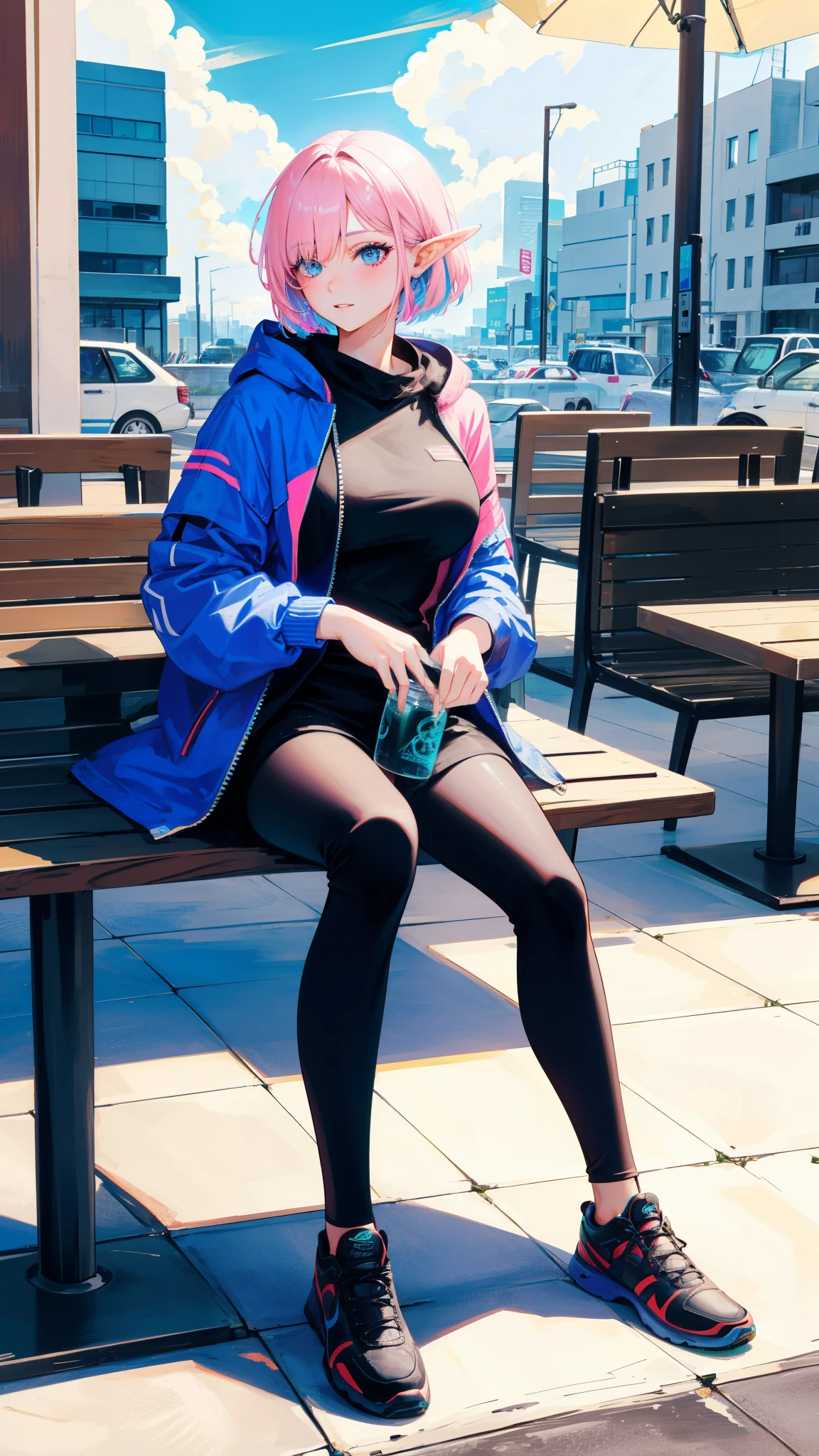 ((masterpiece, best quality)), official art, unity 8k wallpaper, ultra detailed, an elf woman, she's sitting at a restaurant table at the sidewalk, eating lunch, BREAK, highly detailed of (elf), (1girl), perfect face, details eye, Bob cut hair, Blunt bangs, (hair over one eye), light pink hair, blue eyes, eyelashes, eyeshadow, pink eyeshadow, Big breast, nice body, concept art by Artgerm, by Kawacy, By Yoshitaka Amano, BREAK,  techwear streetwear look and clothes, we can see them from feet to head, highly detailed and intricate, techwear fashion, Errolson Hugh, Sacai, Nike ACG, Yohji Yamamoto, Y3, ACRNYM, BREAK,  plate, soda glass, she's looking away, scenery, urban scenery, cars, detailed scenery, beautiful background, shiny skin, high noon lighting, vivid colors, side view, (depth of field:1.3), (blurry background:1.1),