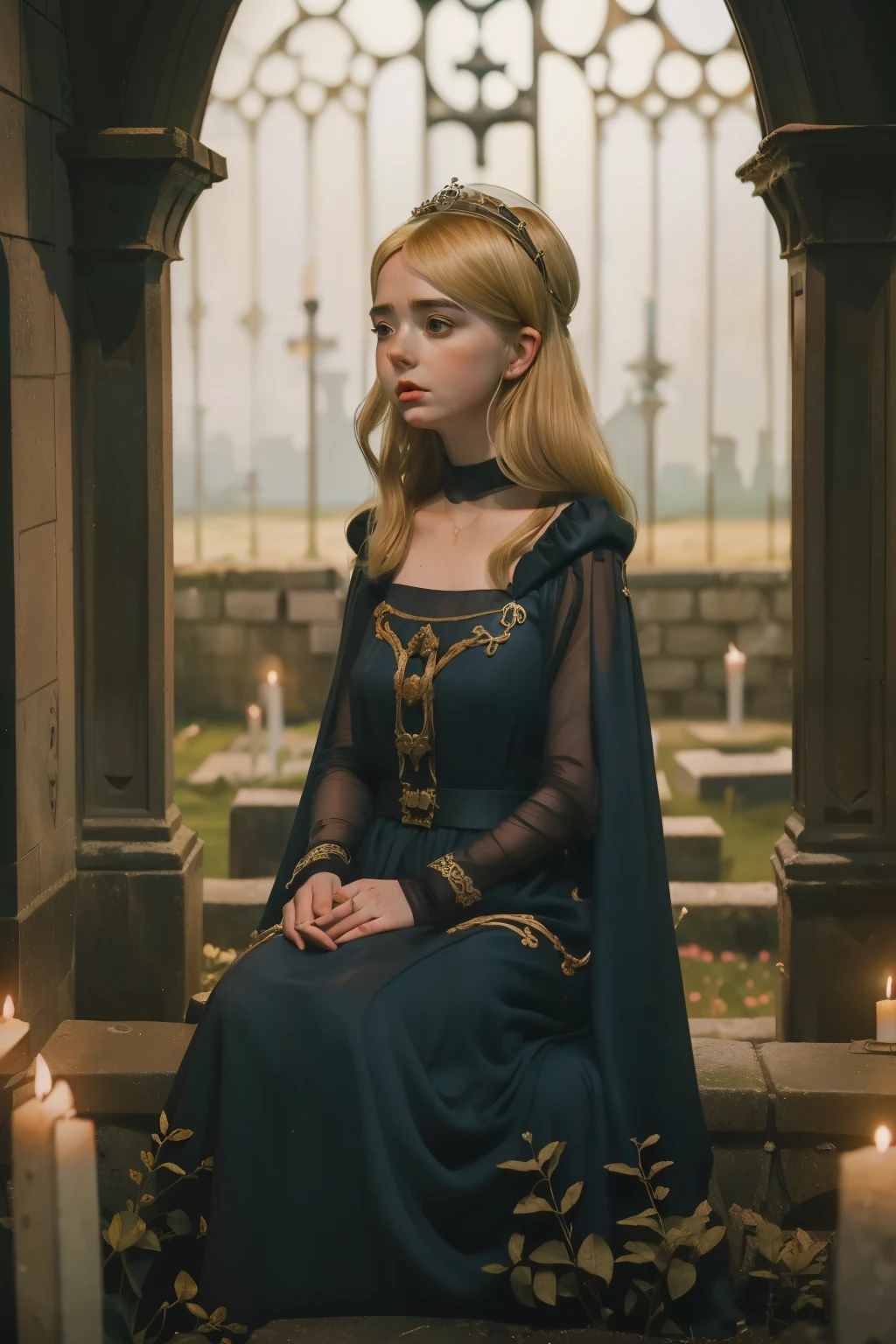1154, Kingsbridge, England. Otherworldly scene in a medieval cementery, ((((24-year-old)) Mckenna Grace)), in a funeral, ((sad expression)), ((((gown from the 12th century)))), ((dark blonde Hairstyle of the 12th century)), ((Wes Anderson cinematic style)), colorful