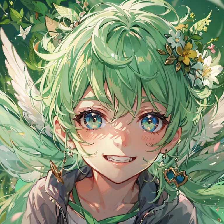 Anime art stil, little fairy boy, green eyes, mint hair, bright smile, transperent wings