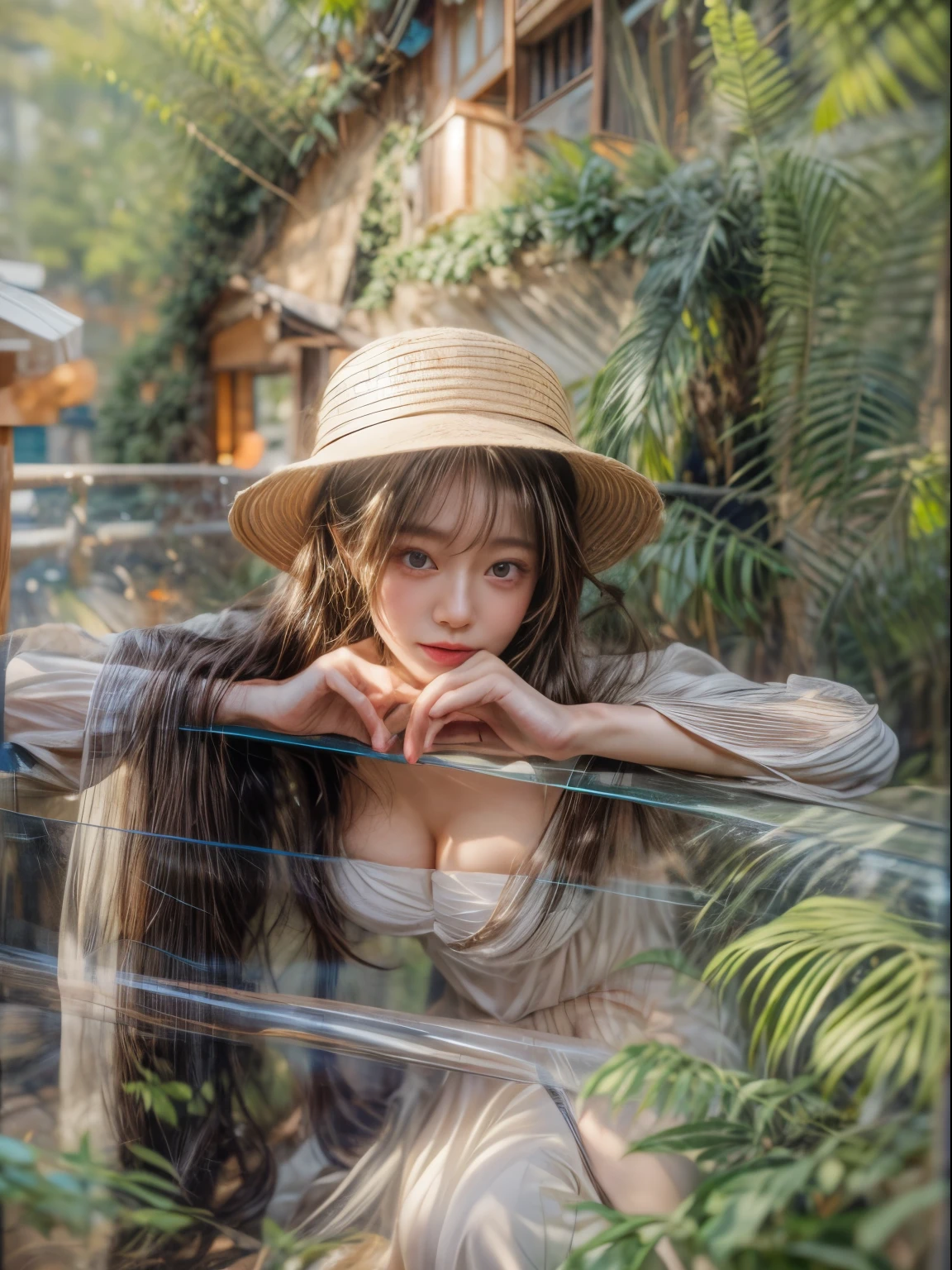 masterpiece、8K、32K、top-quality、(A detailed eye)、(A cute Japanese woman、bangss:1.3)、23years old、1 girl in、elegent、(undergarment:1.1)、a plant、(gigantic cleavage breasts:1.2)、(A dark-haired:1.4)