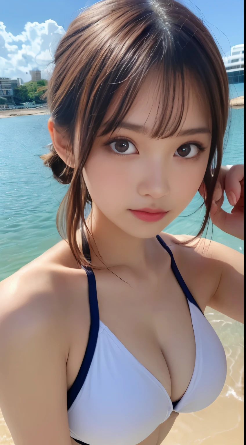 masutepiece, Best Quality, Illustration, Ultra-detailed, finely detail, hight resolution, 8K Wallpaper, Perfect dynamic composition, Beautiful detailed eyes, Swimsuit, Random and cute hairstyles, medium breasts, Natural Color Lip,Beach, Random and cute poses,