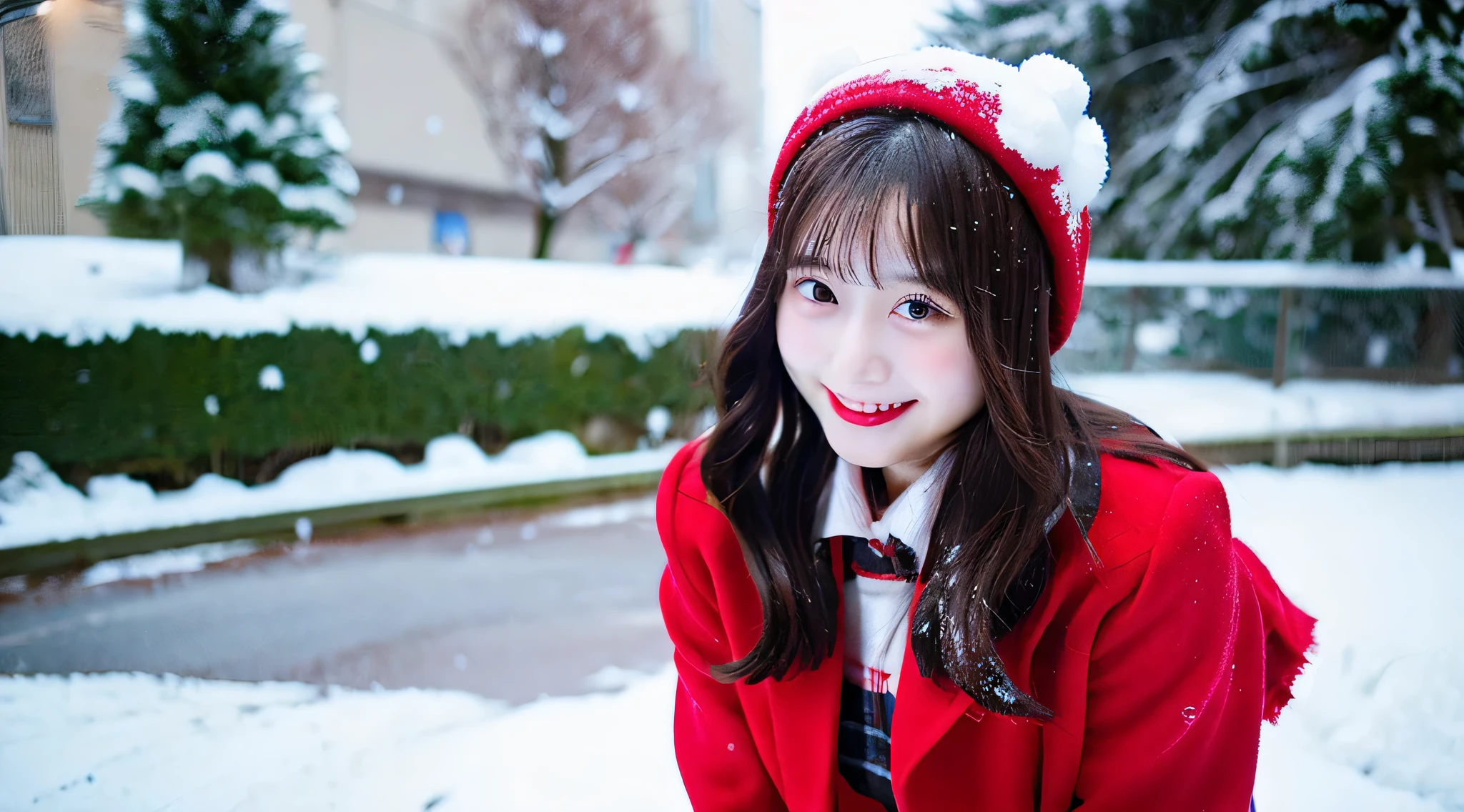 Cute high school girl 18 years old in red miniskirt、It&#39;s snowing outside