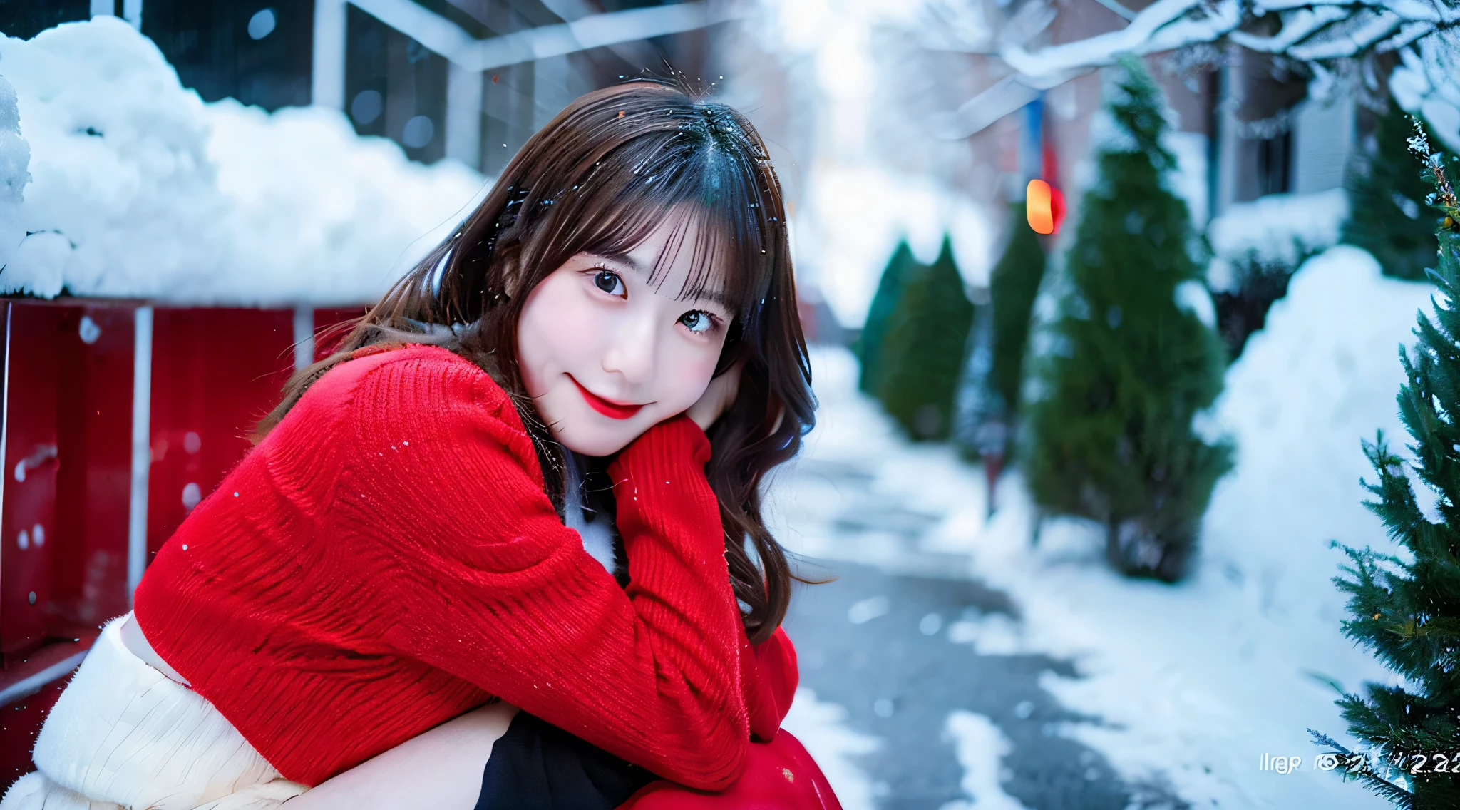 Cute high school girl 18 years old in red miniskirt、It&#39;s snowing outside