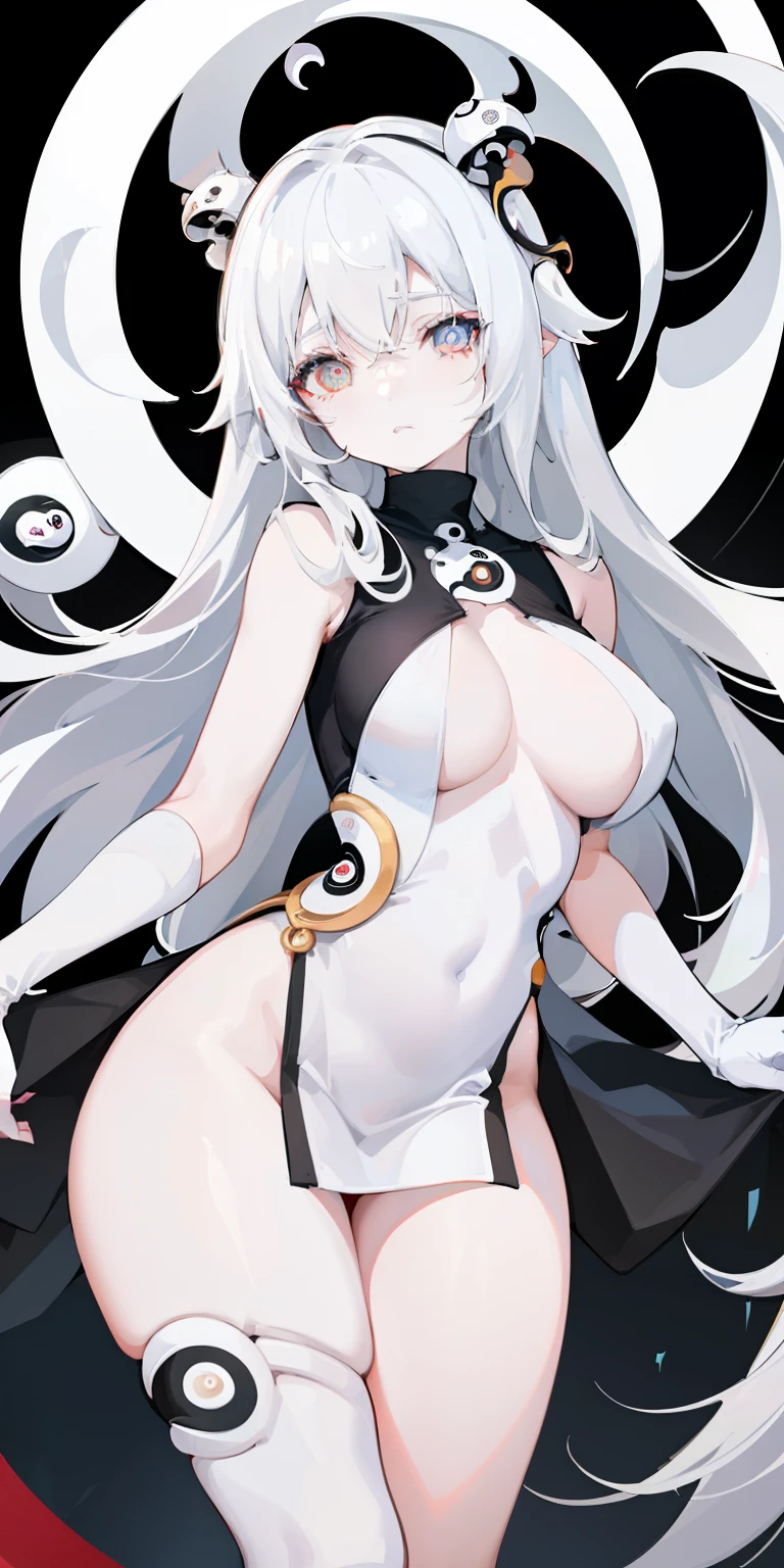 1 girl, (solo: 1.1), standing on the same level, long hair, white, dark, yin, yang, yin girl, yang girl, yin yang circle, body paint, (white skin: 1.2), perfect, detailed eyes facing to the viewer, big chest, bright eyes, waist, thick legs, thick thighs, ((bottom of the abyss: 1.0)), ((Deity: 1.1)), ((goddess dress: 1.2)), (((style yin yang: 1.2)))