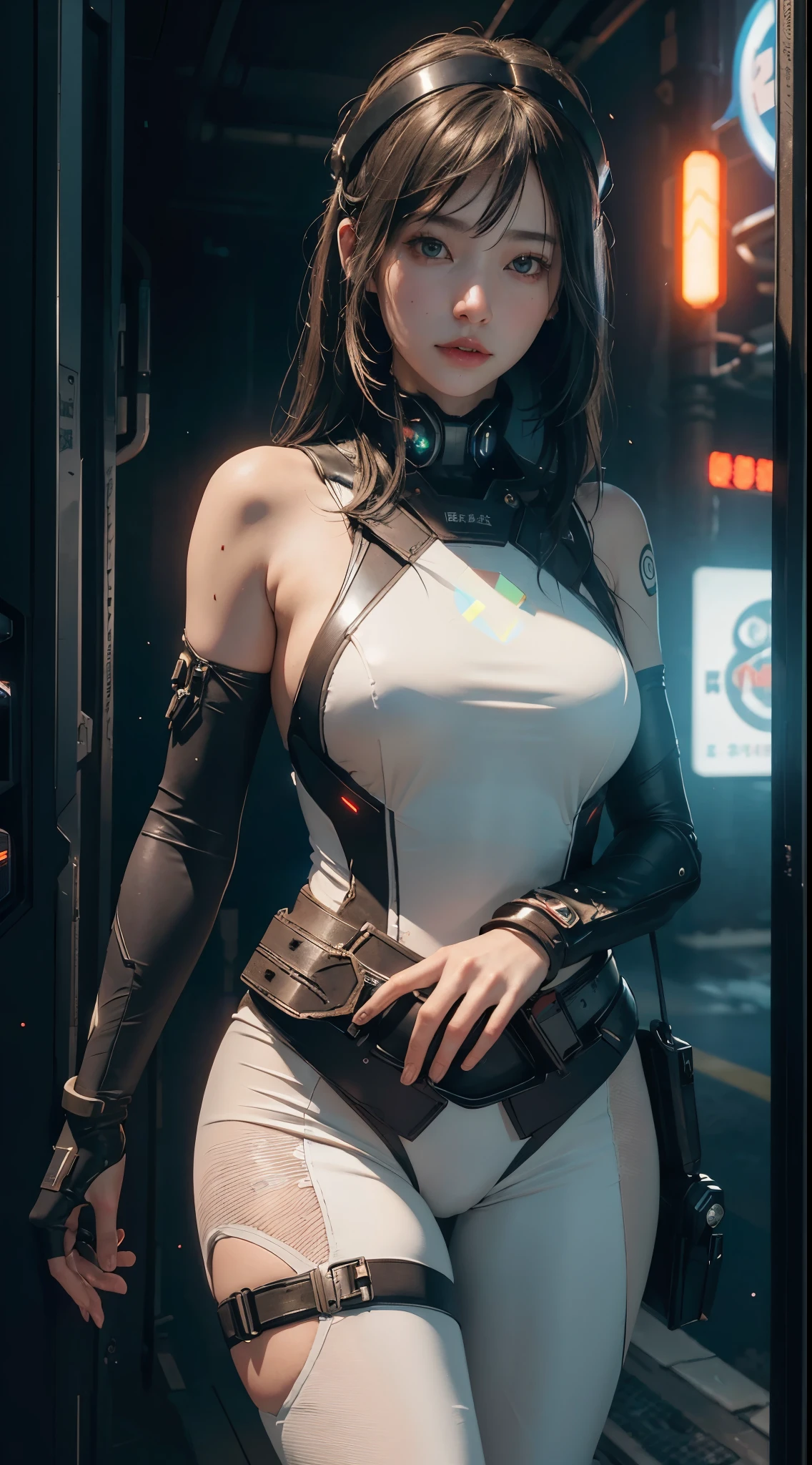 ((quality)), ((masterpiece)), ((Realistic)), (Details), (真实感:1.5), Futuristic girl, ,(Thick body), (White jumpsuit), 23years old,lights on armor, Cybernetic headdress, Expose the abdomen,looking at the camera in, dynamicposes, scientific fiction, HighDynamicRange, ray traycing, NVIDIA RTX, Hyper-Resolution, Unreal 5, sub surface scattering, PBR textures, post-proces, Anisotropy Filtering, depth of fields, maximum definition and sharpness, the rule of thirds、8K original、(Luminous Particle:1.4)、(Extremely detailed CG、Unity 8k壁紙、3D、lighting like a movie、lens flare glow)、reflective light、Cyberpunk art of a、cyberpunk building、