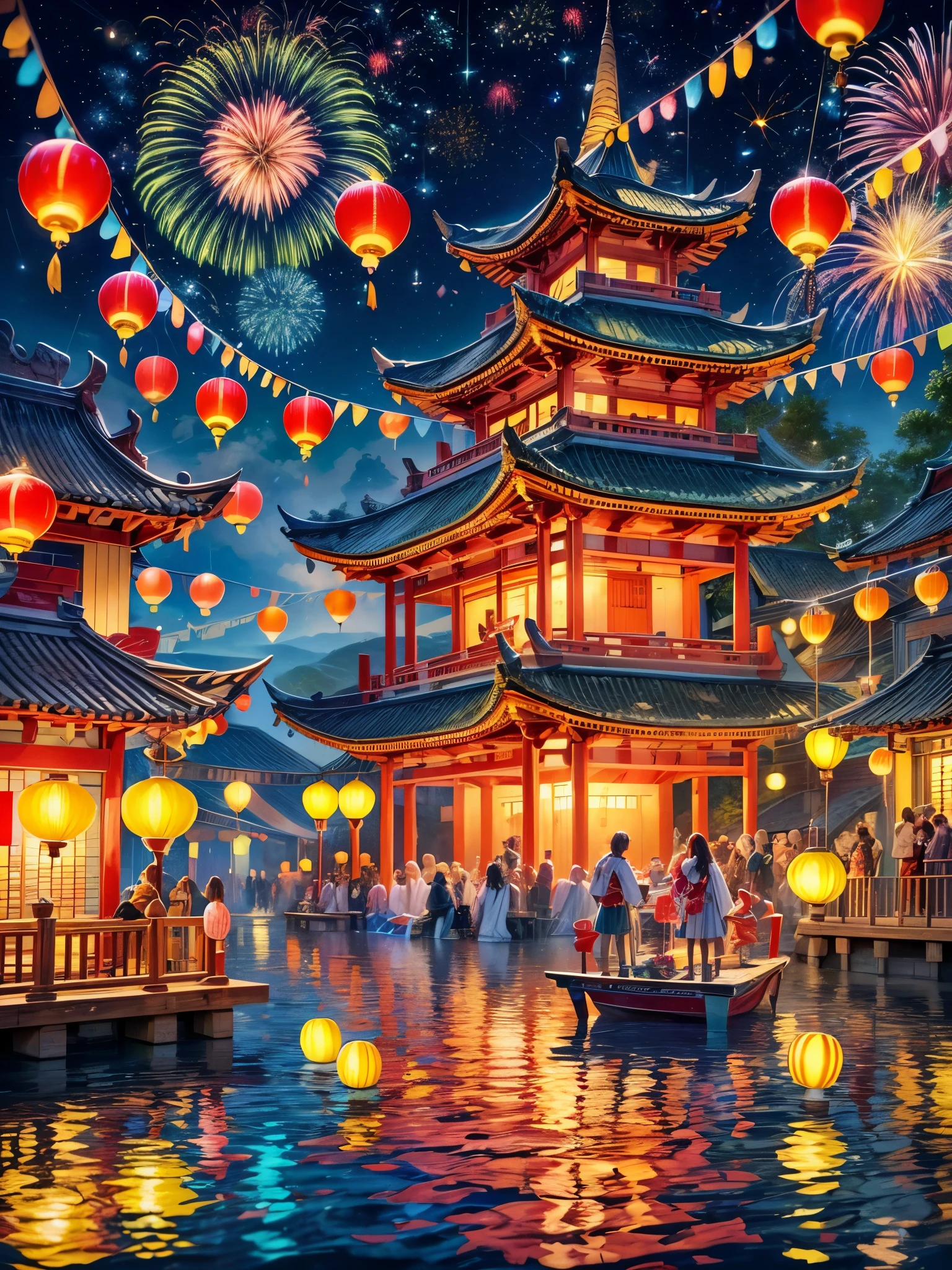 Beautiful town celebrates New Year's Day New Year's countdown,new year 2024,Colorful lanterns and decorations,children playing and dancing,Huge countdown clock with gorgeous patternireworks in the night sky,Performer juggling ribbons,Colorful lanterns and decorations,Performer juggling colorful ribbons,Gorgeous temple,Incense,offering offerings,People make wishes and pray,Calm lake lit with candleeautiful reflection of fireworks and lanterns,a joyful atmosphere,(best qualtiy,8k,A high resolution,tmasterpiece,ultra - detailed,UHD,hyperdetailed painting,Sharp focus,physically-based renderingt,extreme detail description,professinal,vivd colour,bokeh)