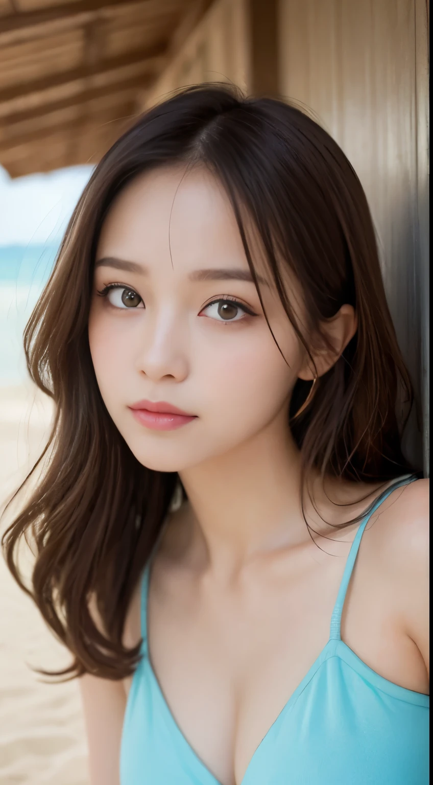 masutepiece, Best Quality, Illustration, Ultra-detailed, finely detail, hight resolution, 8K Wallpaper, Perfect dynamic composition, Beautiful detailed eyes, Swimsuit, Random and cute hairstyles, medium breasts, Natural Color Lip,Beach, Random and cute poses,