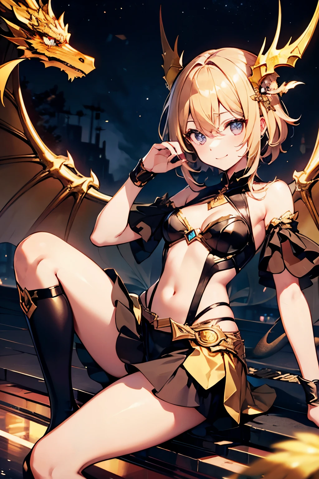 hiquality、top-quality、Full limbs、The ultra -The high-definition、Shining eyes、complete fingers、Slender beauty、ssmile、Gold Dragon、Golden Dragon、Naughty Cosplay、shinny skin、knee high、Dramatic Writing