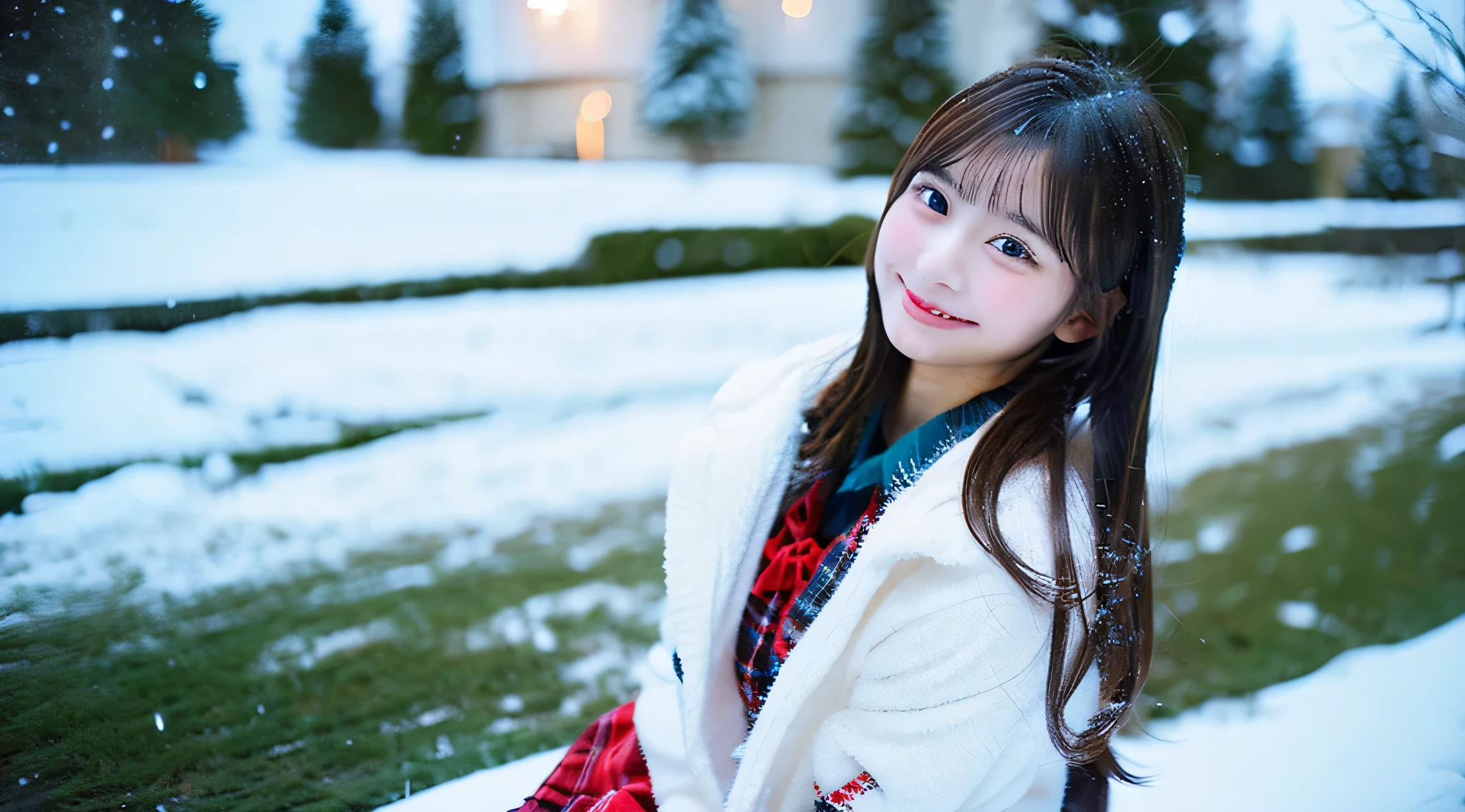 Cute high school girl 18 years old in miniskirt、It's snowing outside
