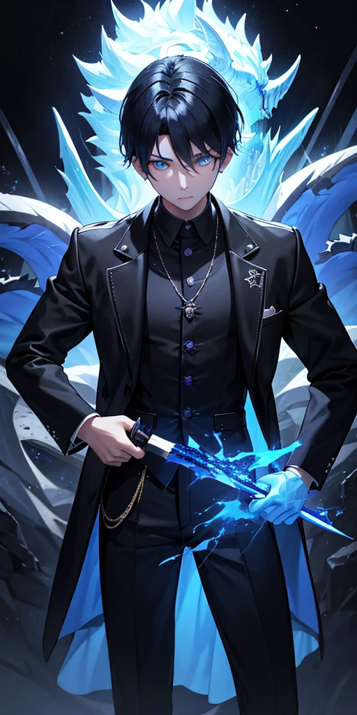 Dark night，A young man holds a knife burning with blue flames in his hand，In front of him is an unknown ugly monster，There is no fear in the boy&#39;s eyes，Only firm。